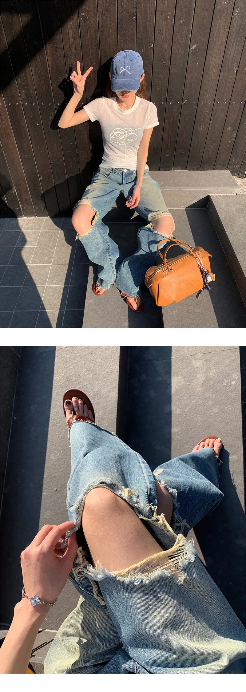 Double ripped wide-leg jeans