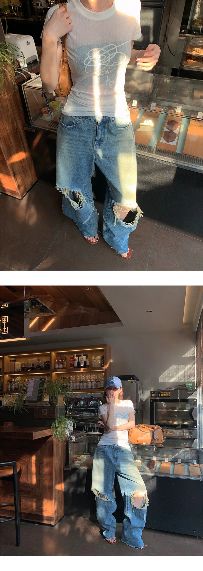 Double ripped wide-leg jeans