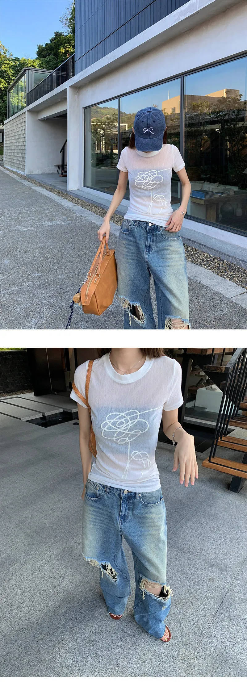 Double ripped wide-leg jeans