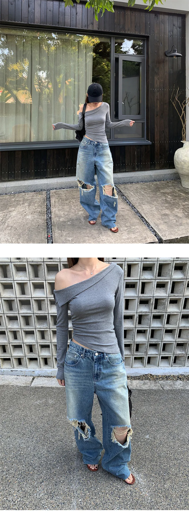 Double ripped wide-leg jeans