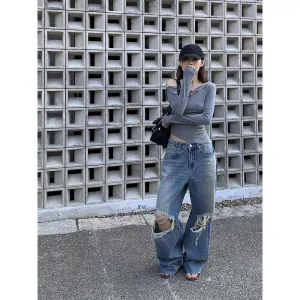 Double ripped wide-leg jeans