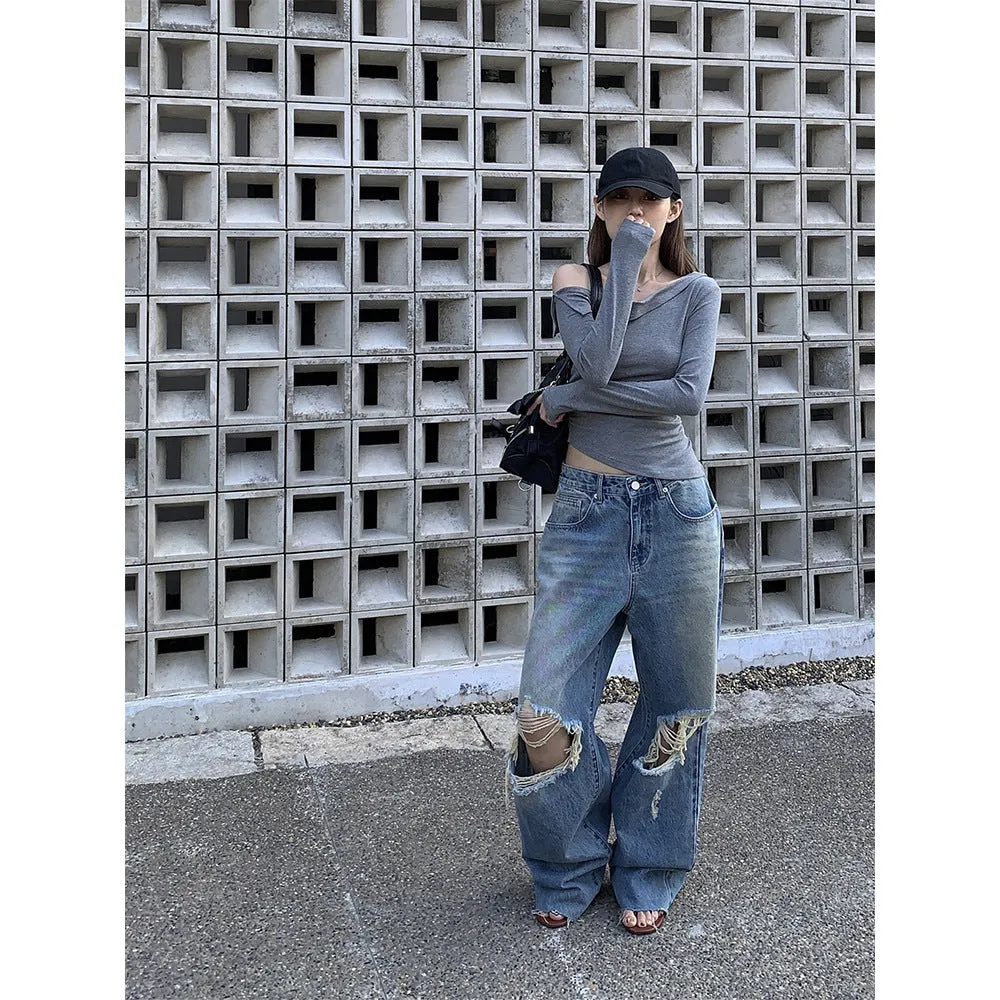 Double ripped wide-leg jeans