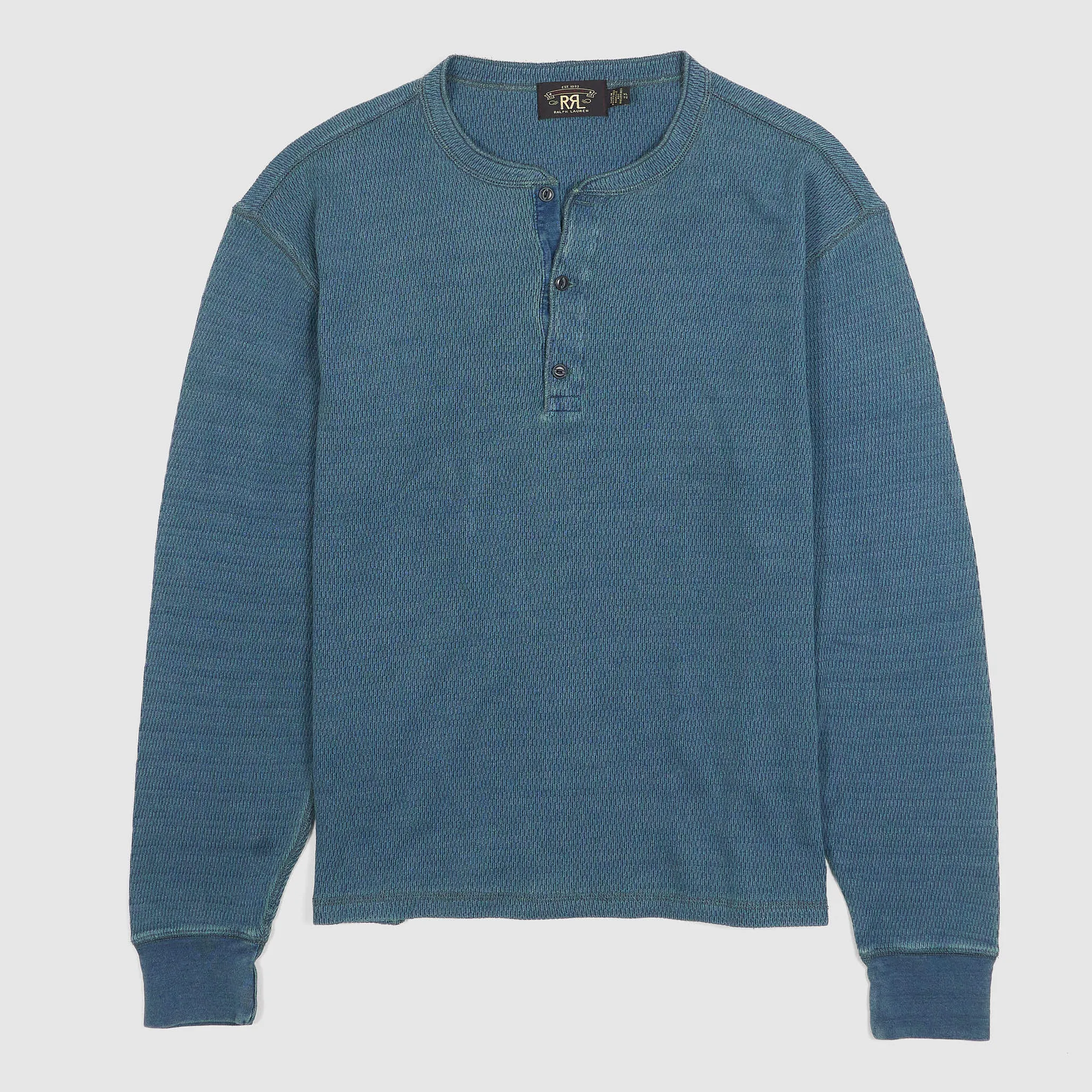 Double RL Long Sleeve Jacquard-Knit Indigo Dyed Henley Shirt