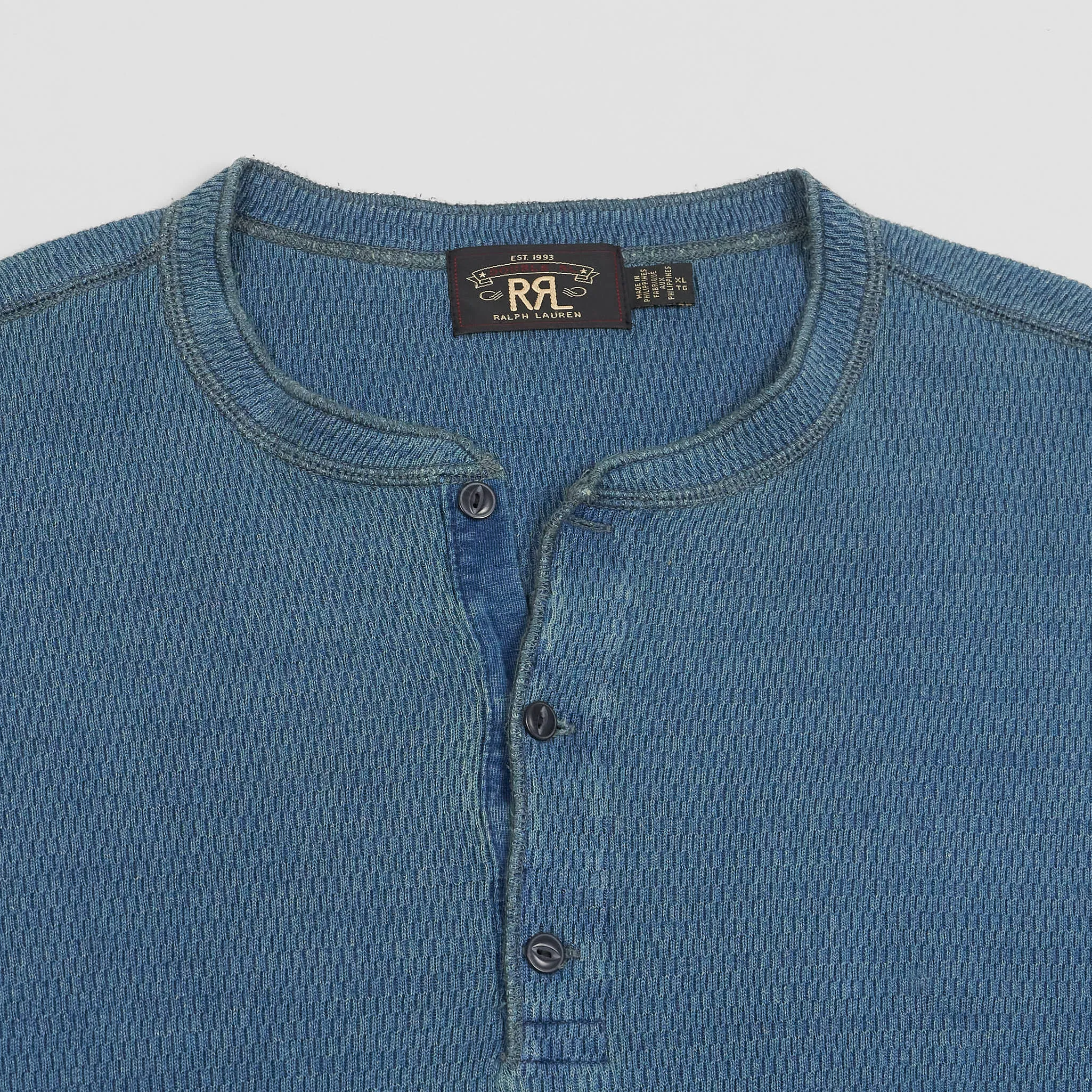 Double RL Long Sleeve Jacquard-Knit Indigo Dyed Henley Shirt