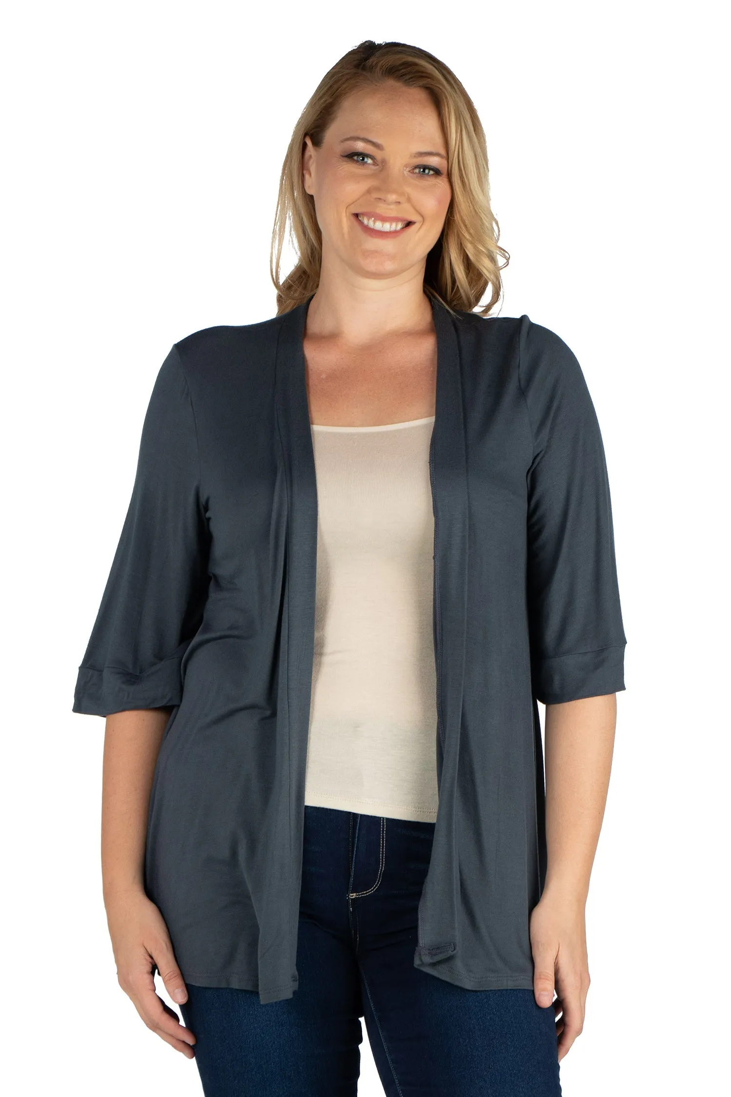 Elbow Length Sleeve Open Front Plus Size Cardigan