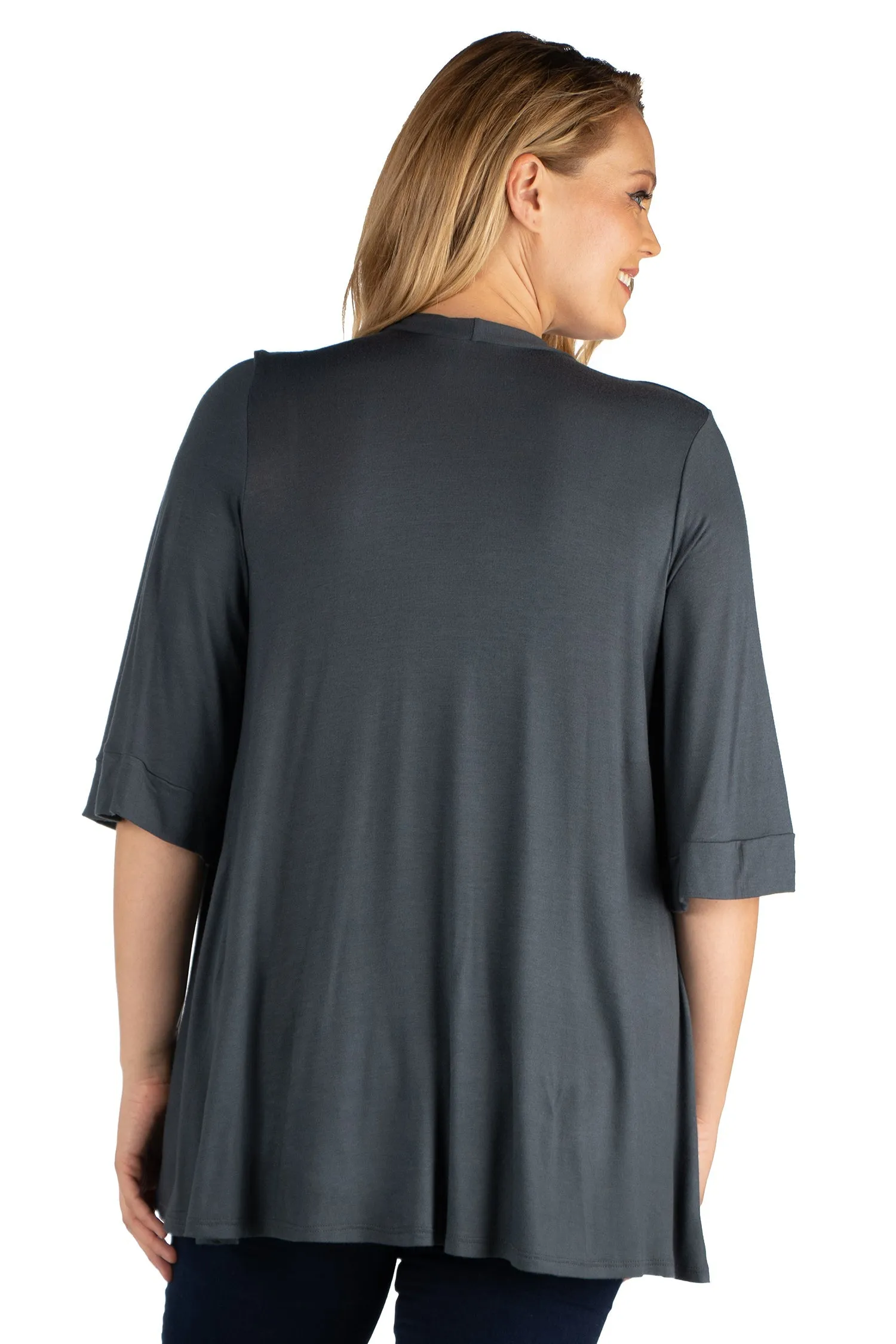 Elbow Length Sleeve Open Front Plus Size Cardigan