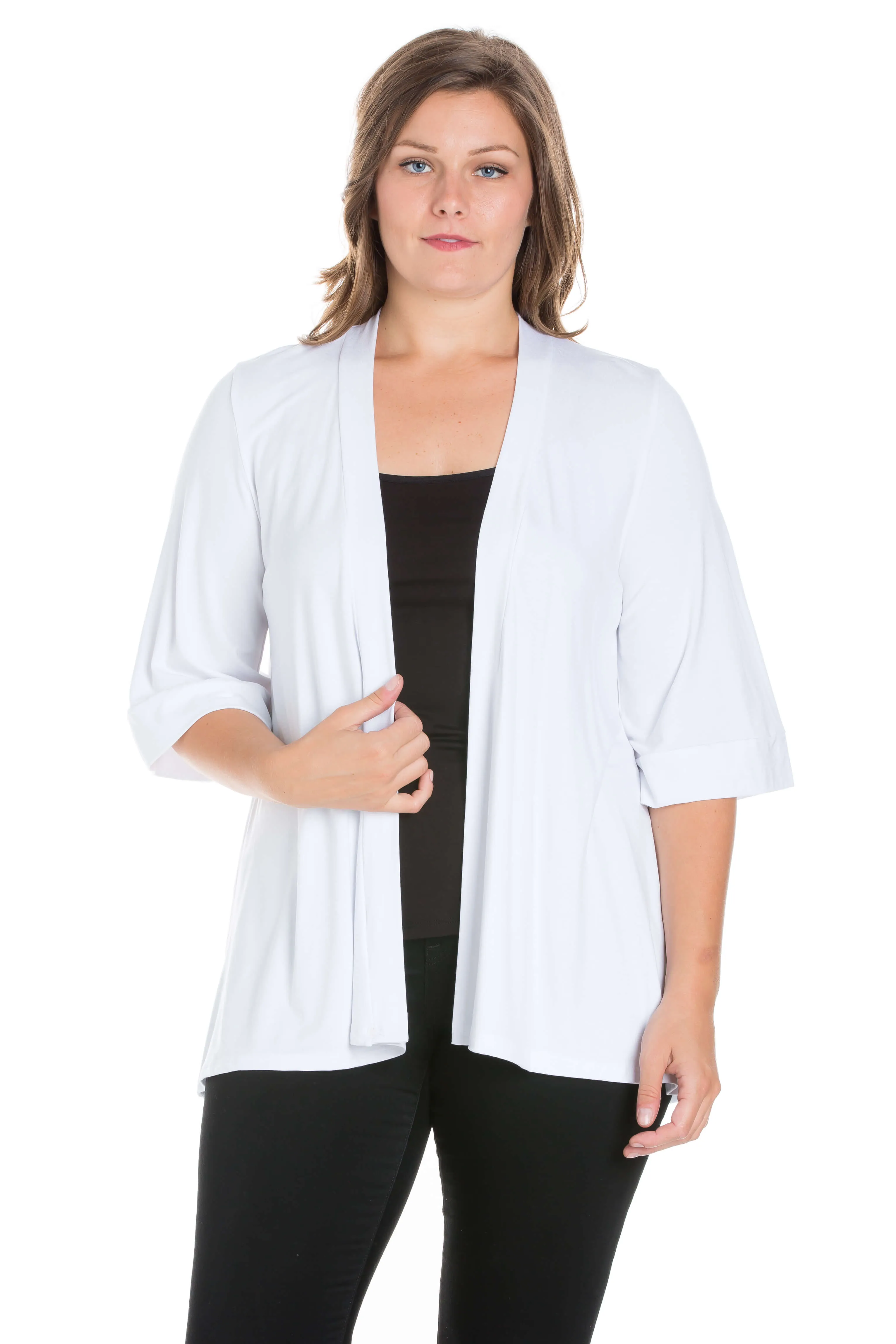 Elbow Length Sleeve Open Front Plus Size Cardigan