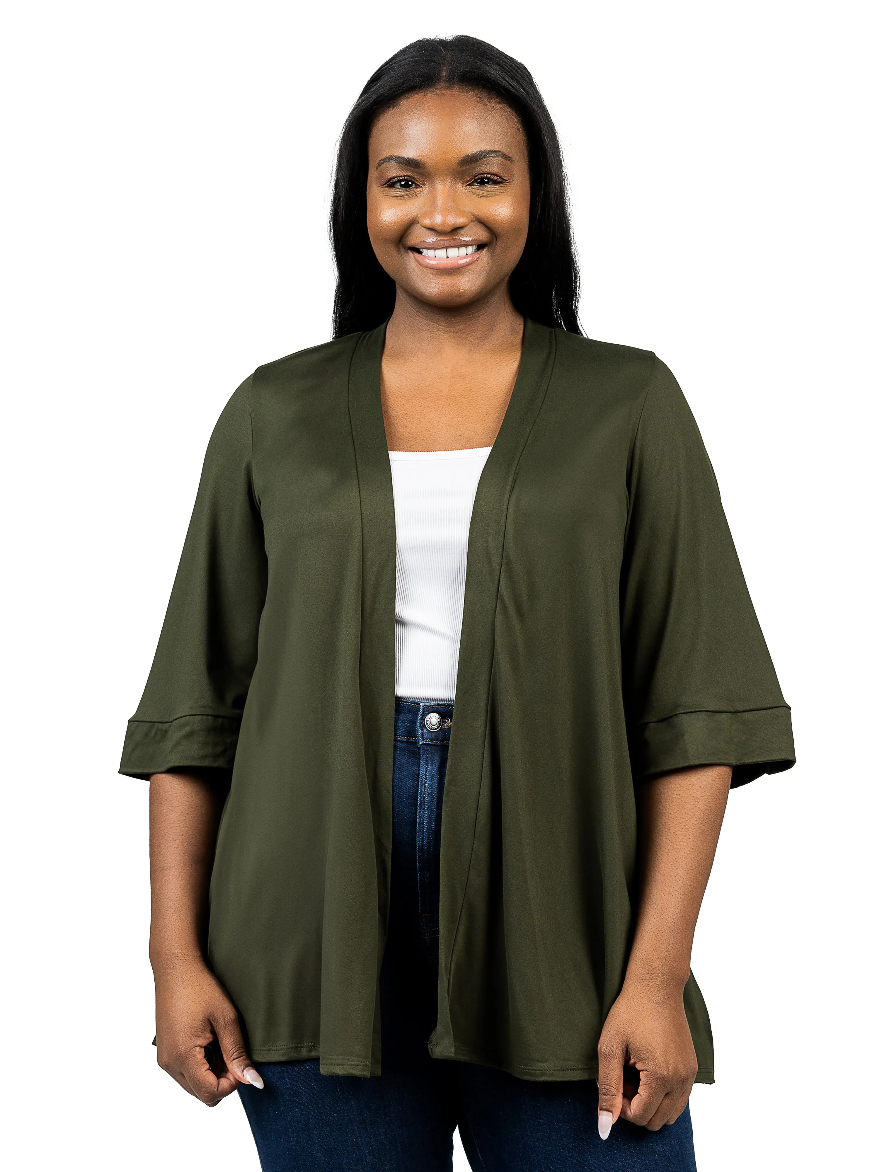 Elbow Length Sleeve Open Front Plus Size Cardigan