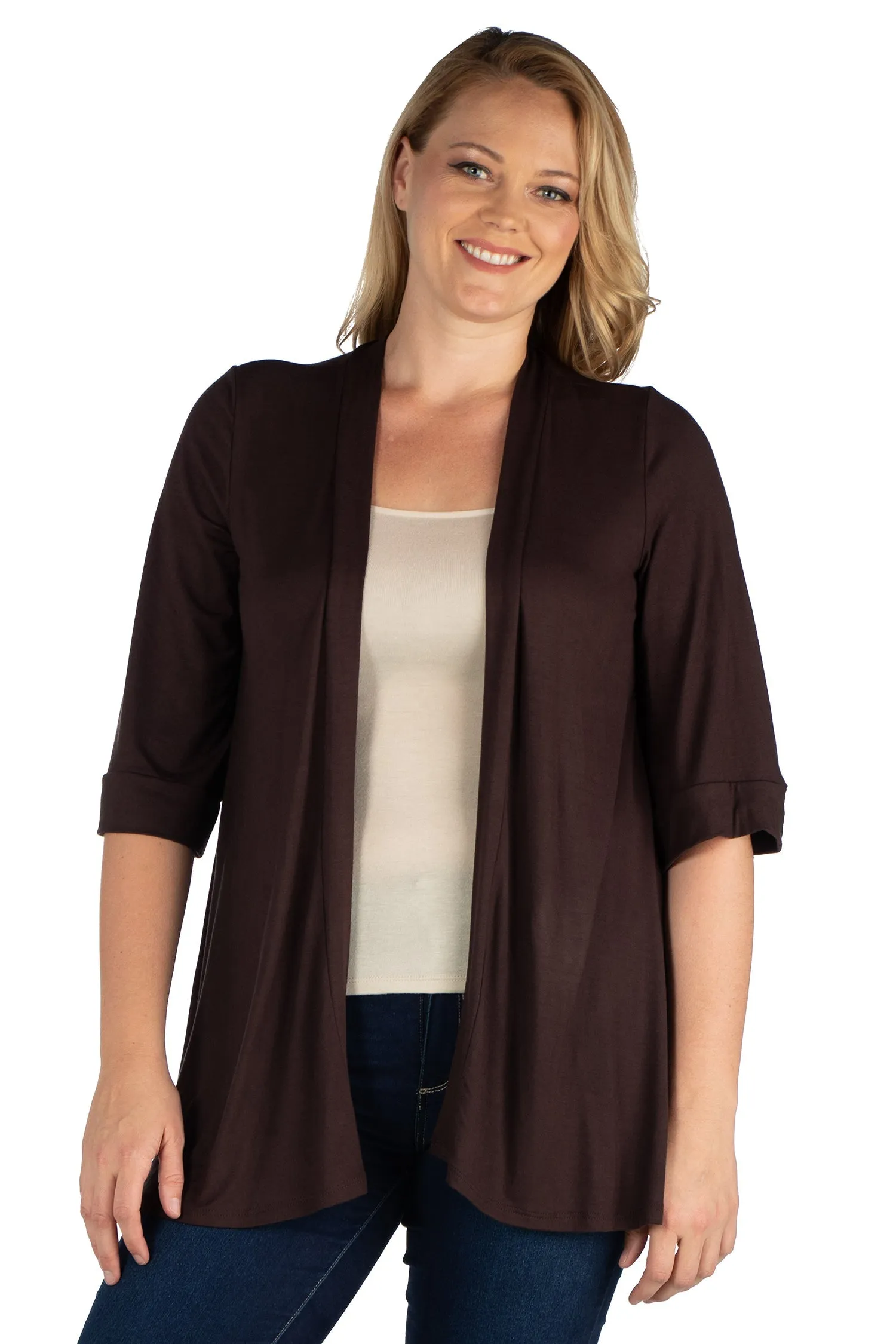 Elbow Length Sleeve Open Front Plus Size Cardigan