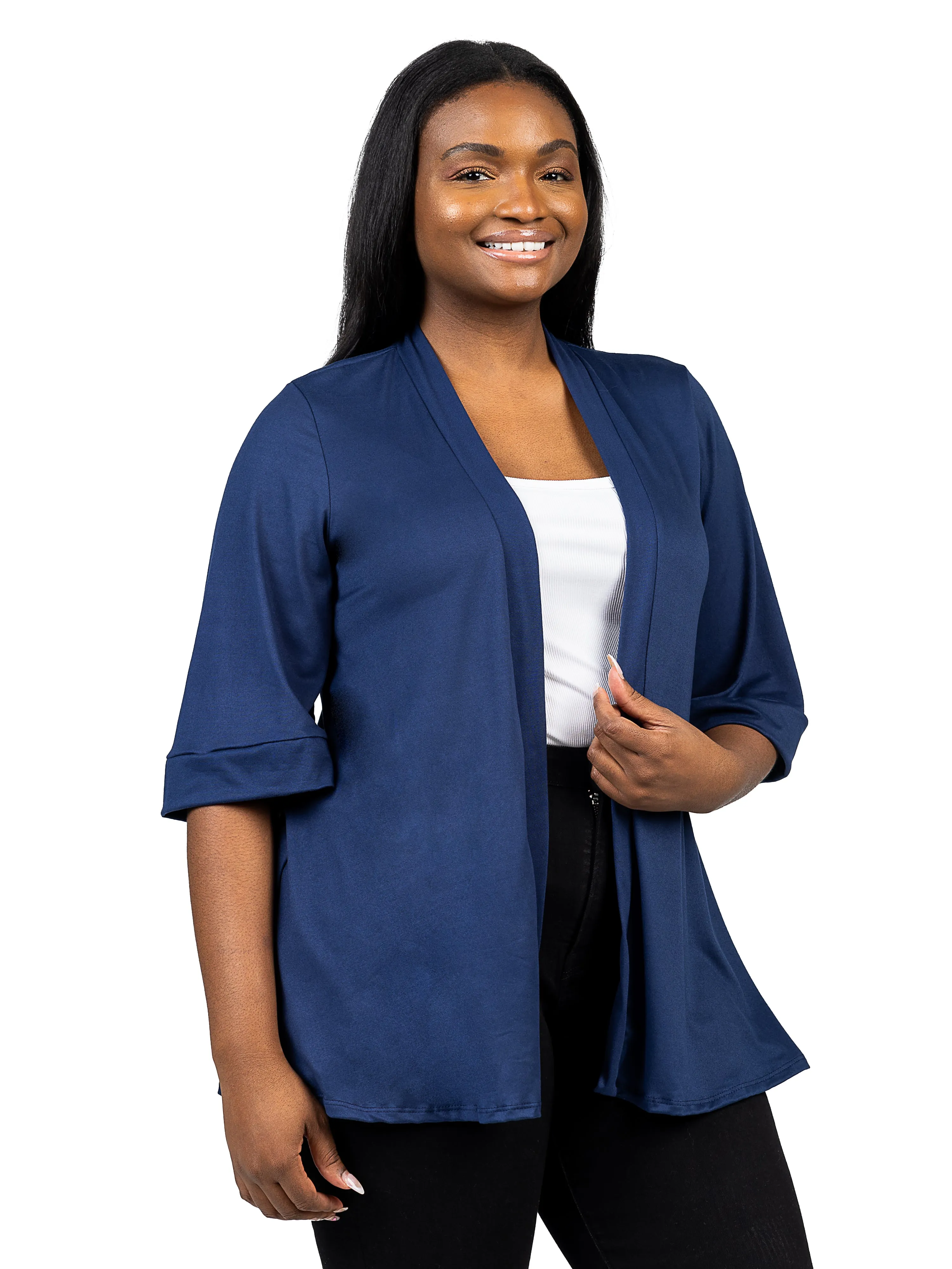 Elbow Length Sleeve Open Front Plus Size Cardigan