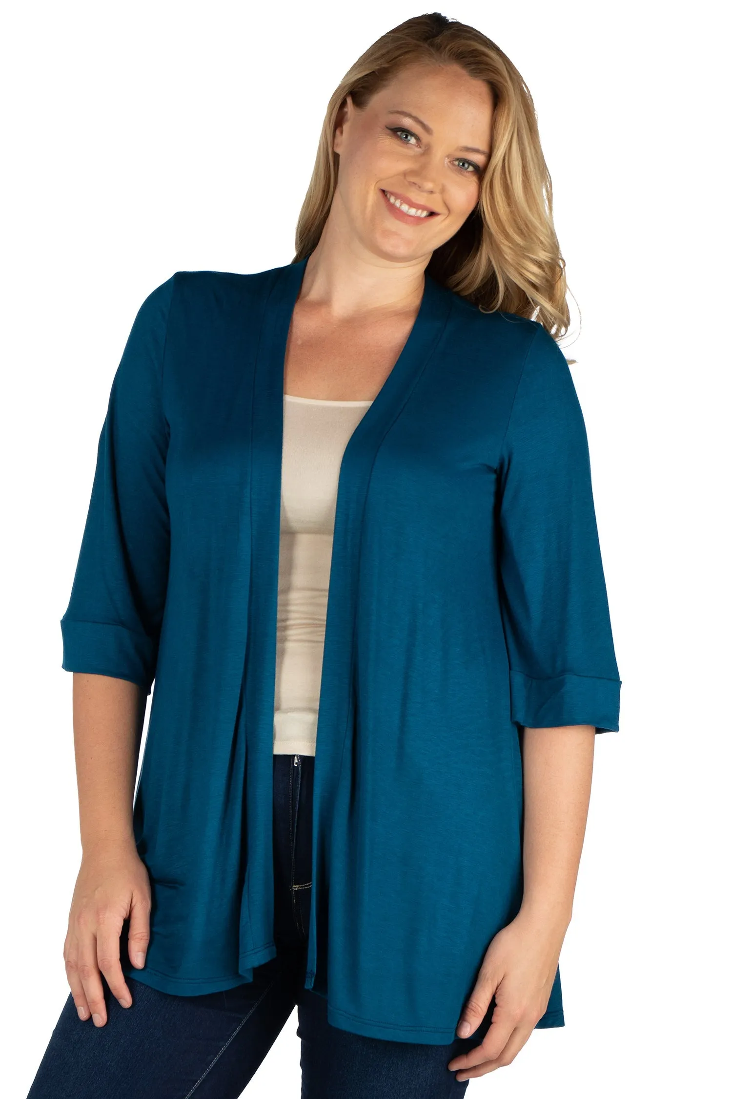 Elbow Length Sleeve Open Front Plus Size Cardigan
