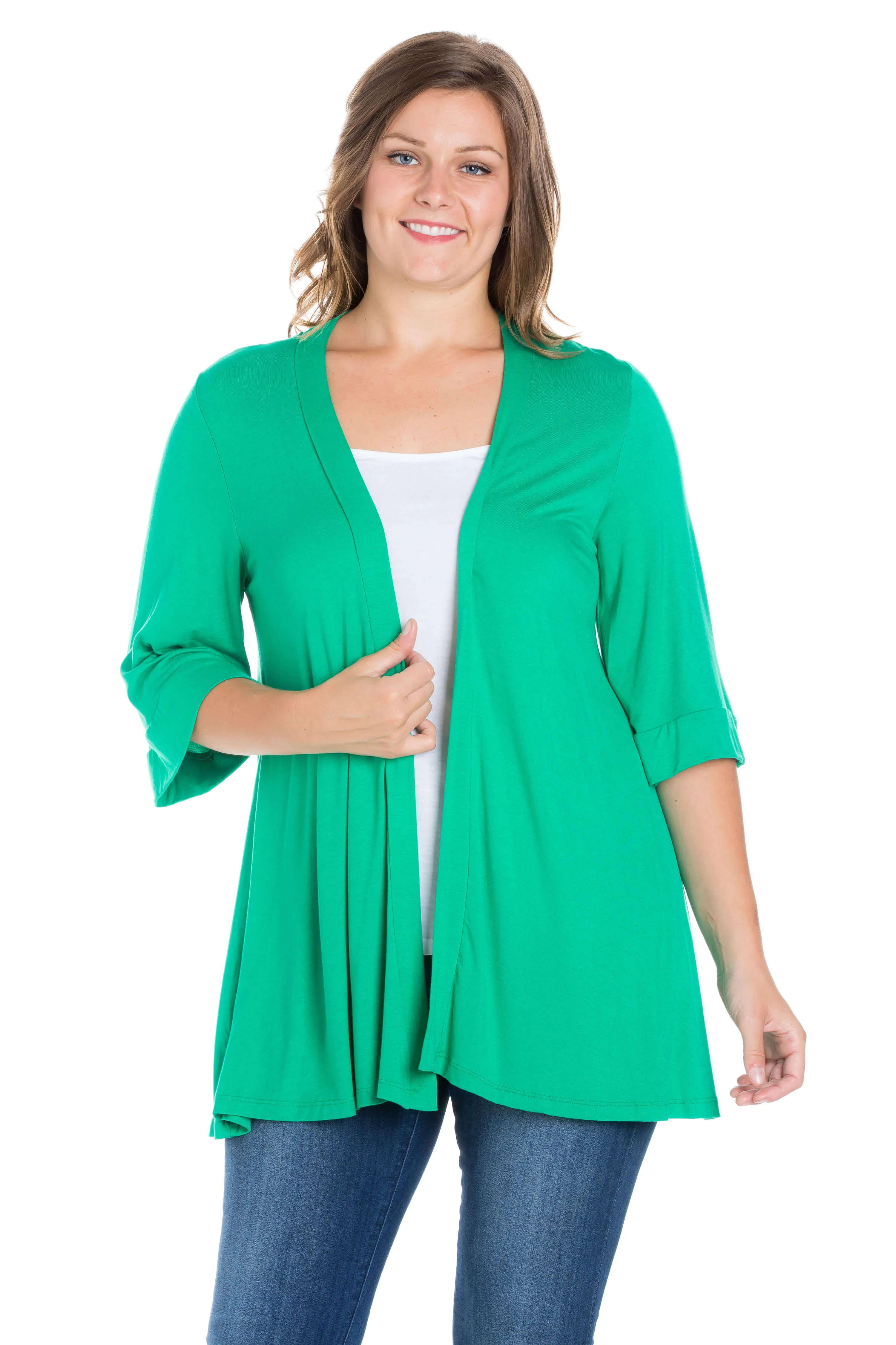 Elbow Length Sleeve Open Front Plus Size Cardigan