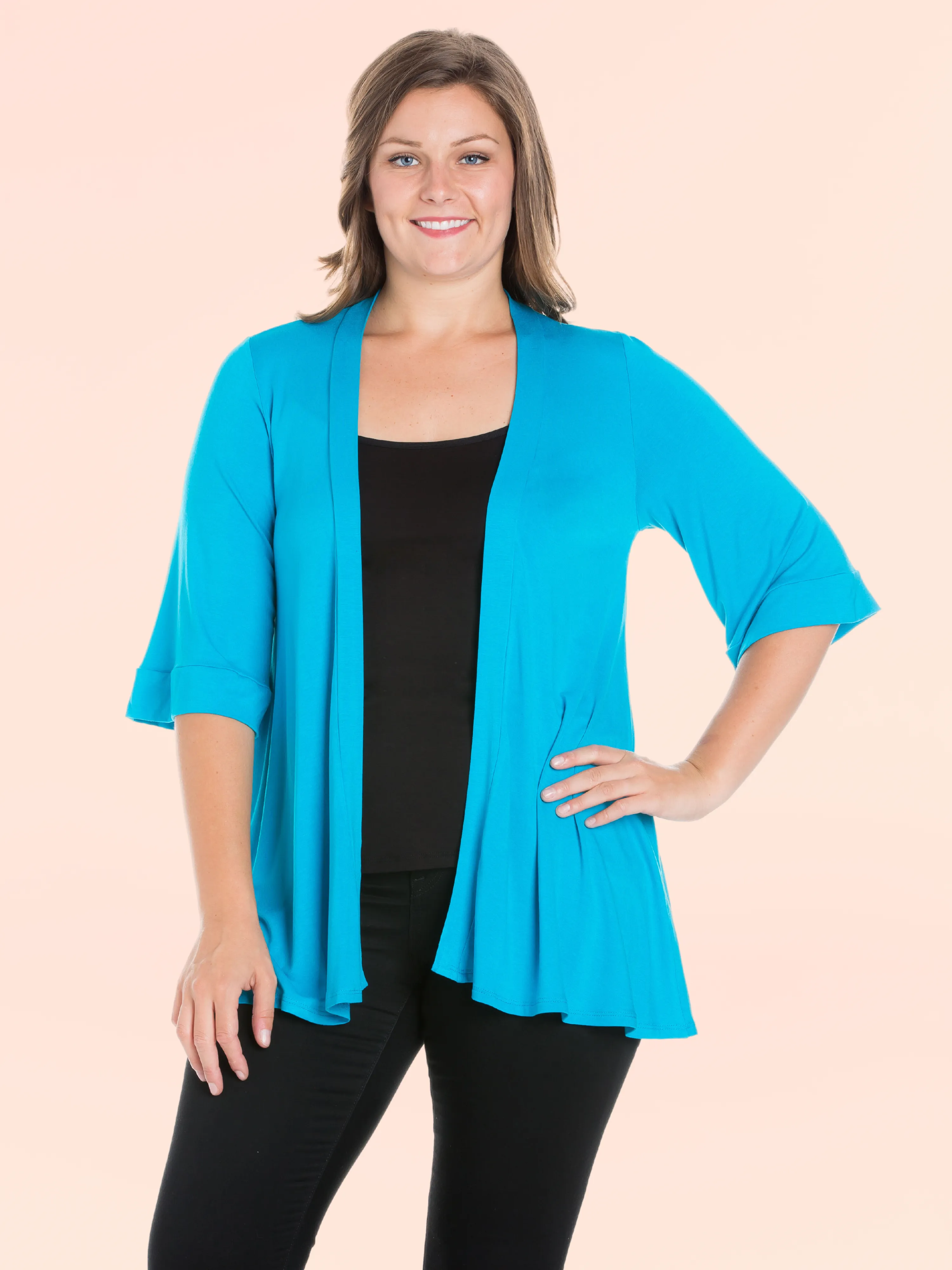 Elbow Length Sleeve Open Front Plus Size Cardigan
