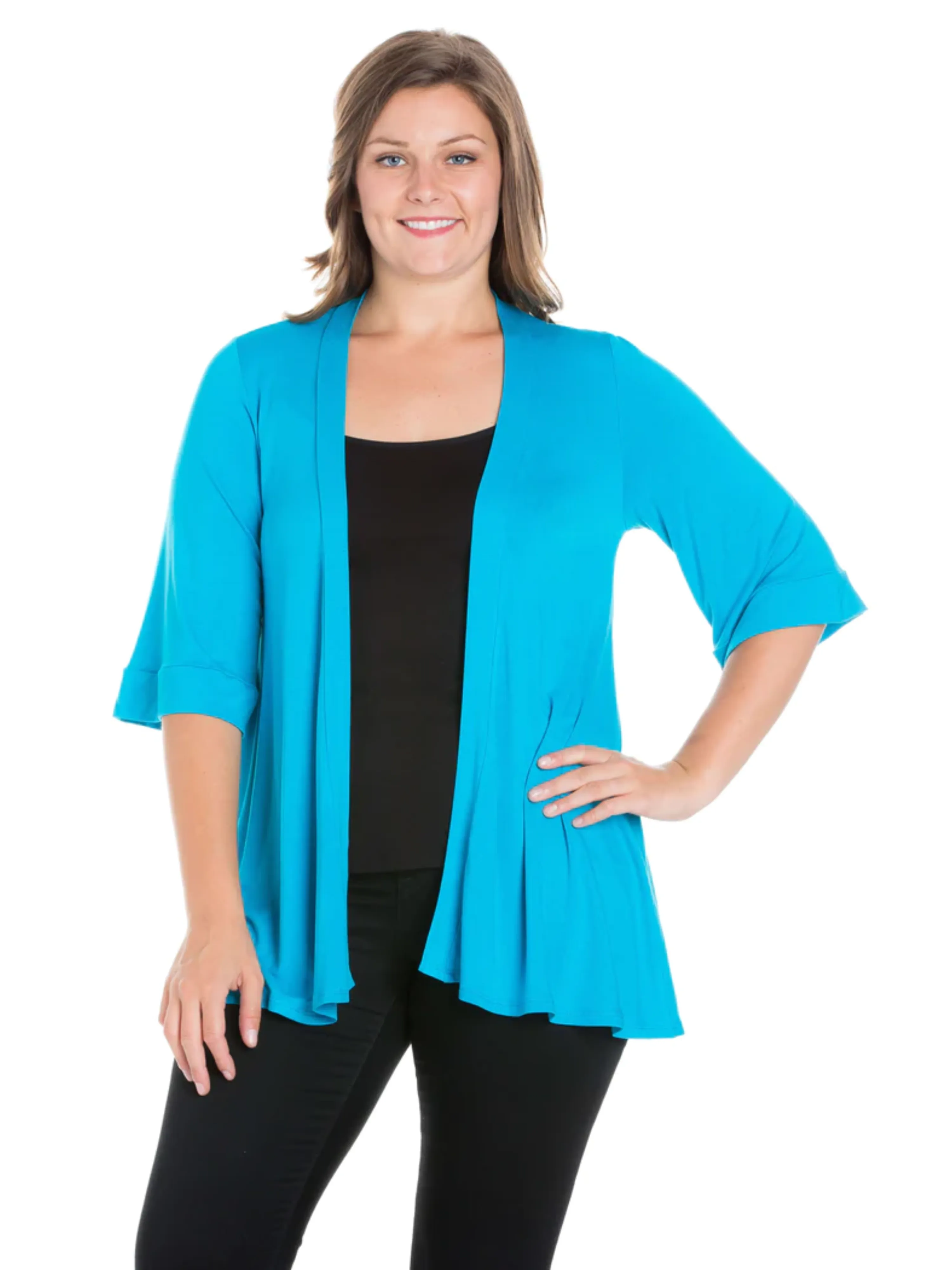 Elbow Length Sleeve Open Front Plus Size Cardigan