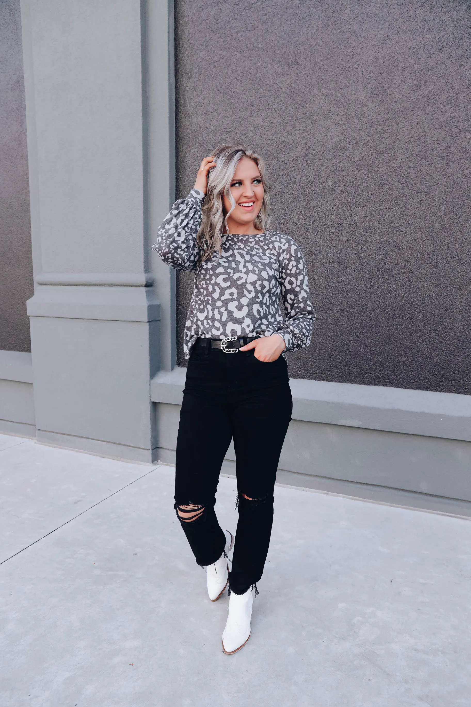 Emmy Balloon Sleeve Leopard Top - Charcoal