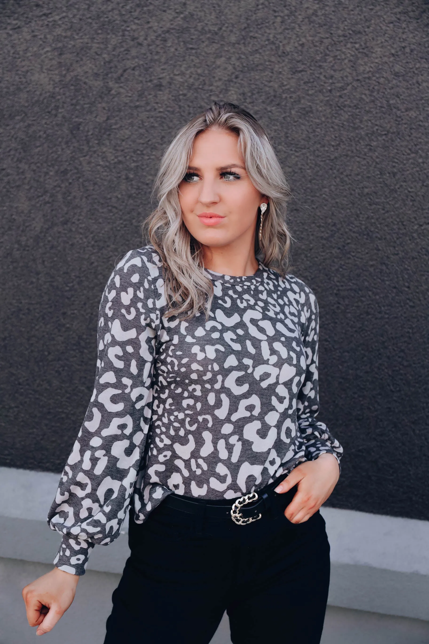 Emmy Balloon Sleeve Leopard Top - Charcoal