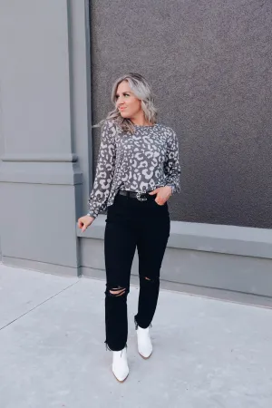 Emmy Balloon Sleeve Leopard Top - Charcoal