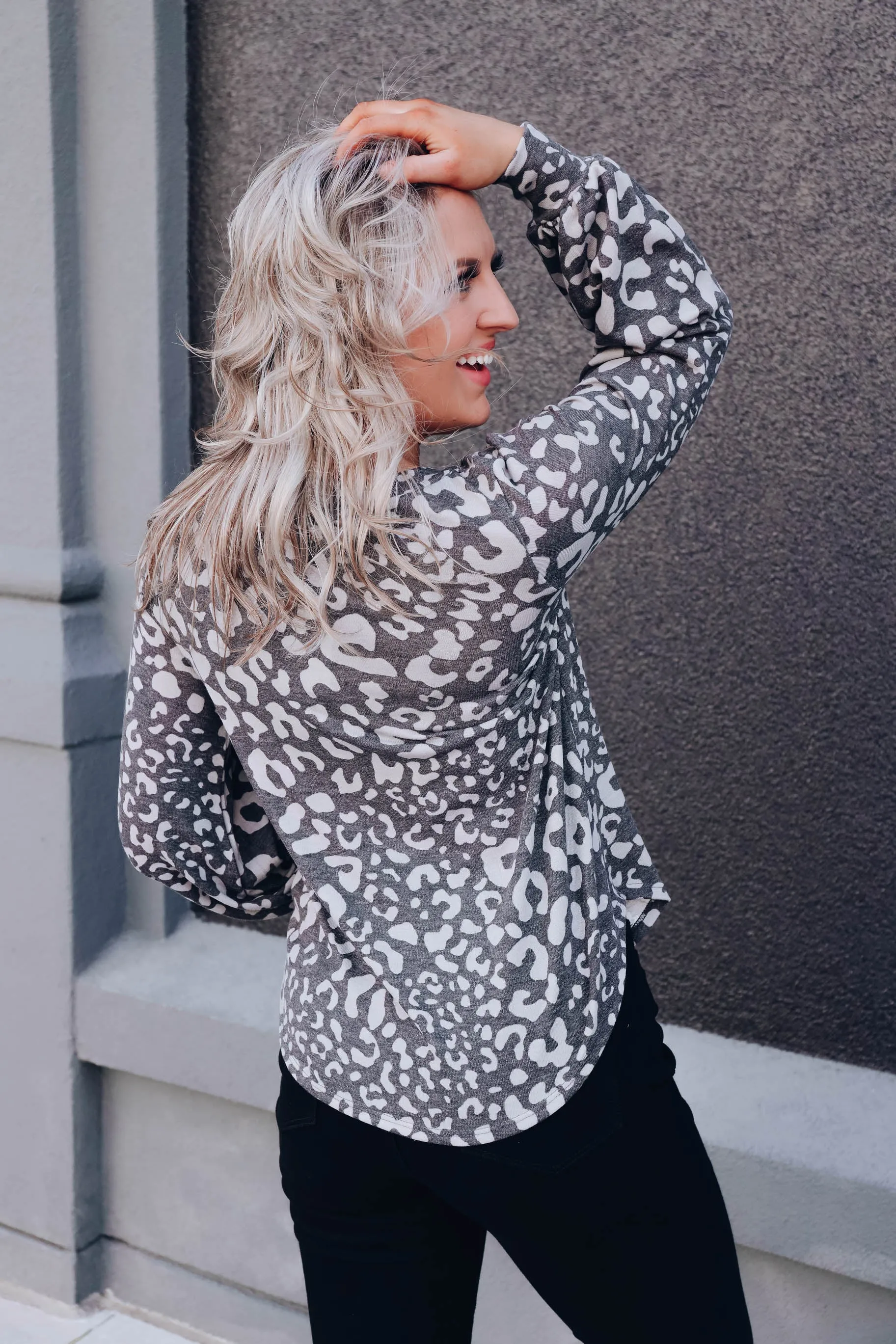 Emmy Balloon Sleeve Leopard Top - Charcoal