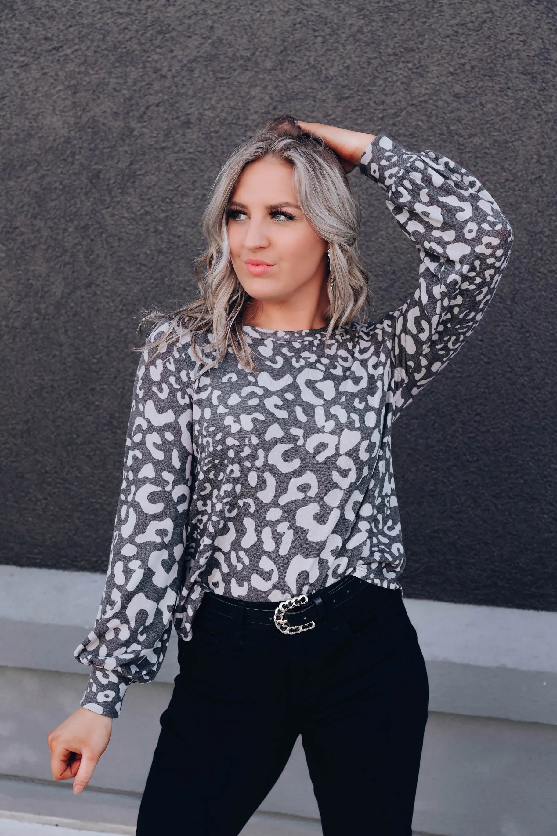 Emmy Balloon Sleeve Leopard Top - Charcoal
