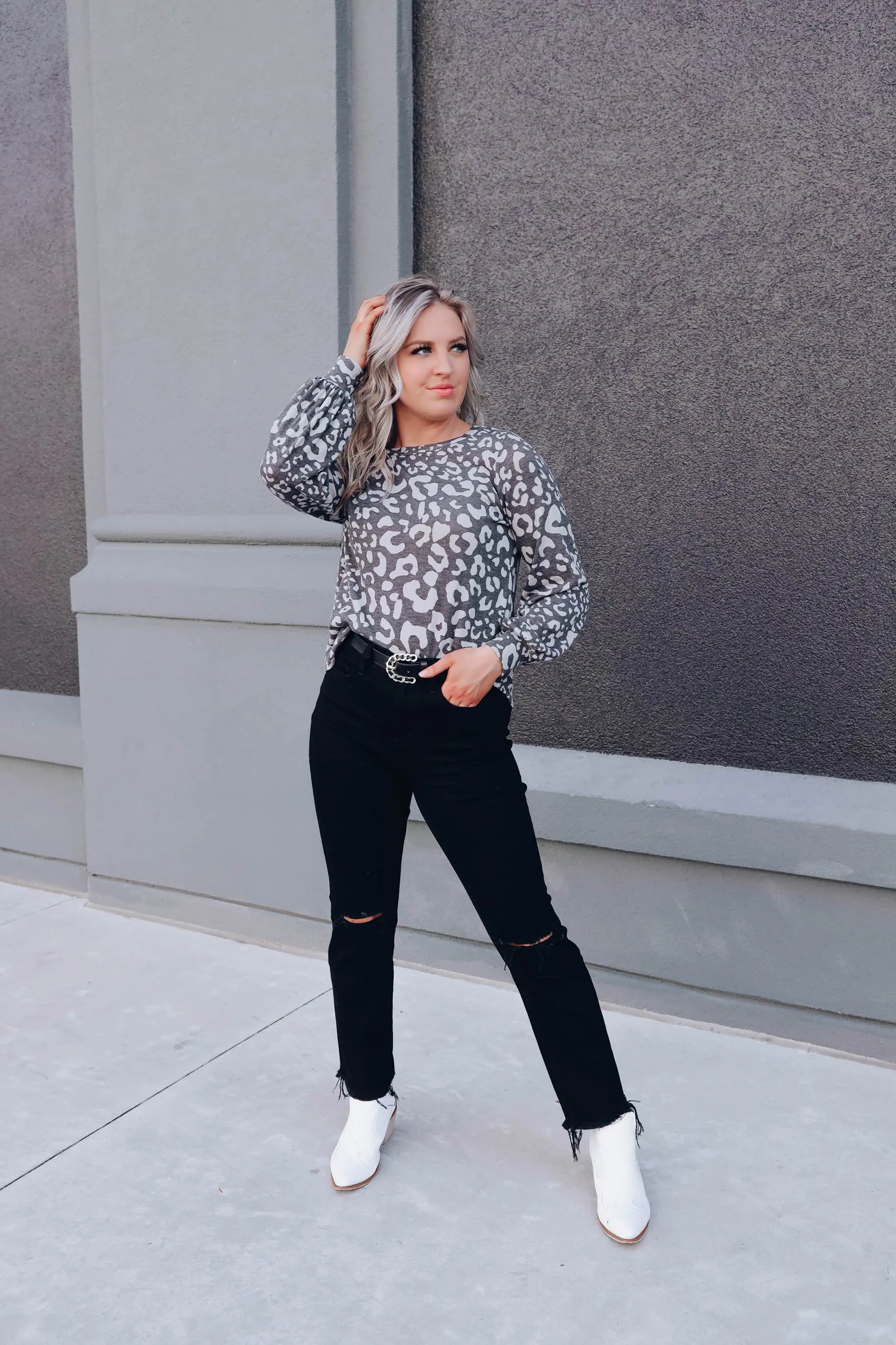 Emmy Balloon Sleeve Leopard Top - Charcoal