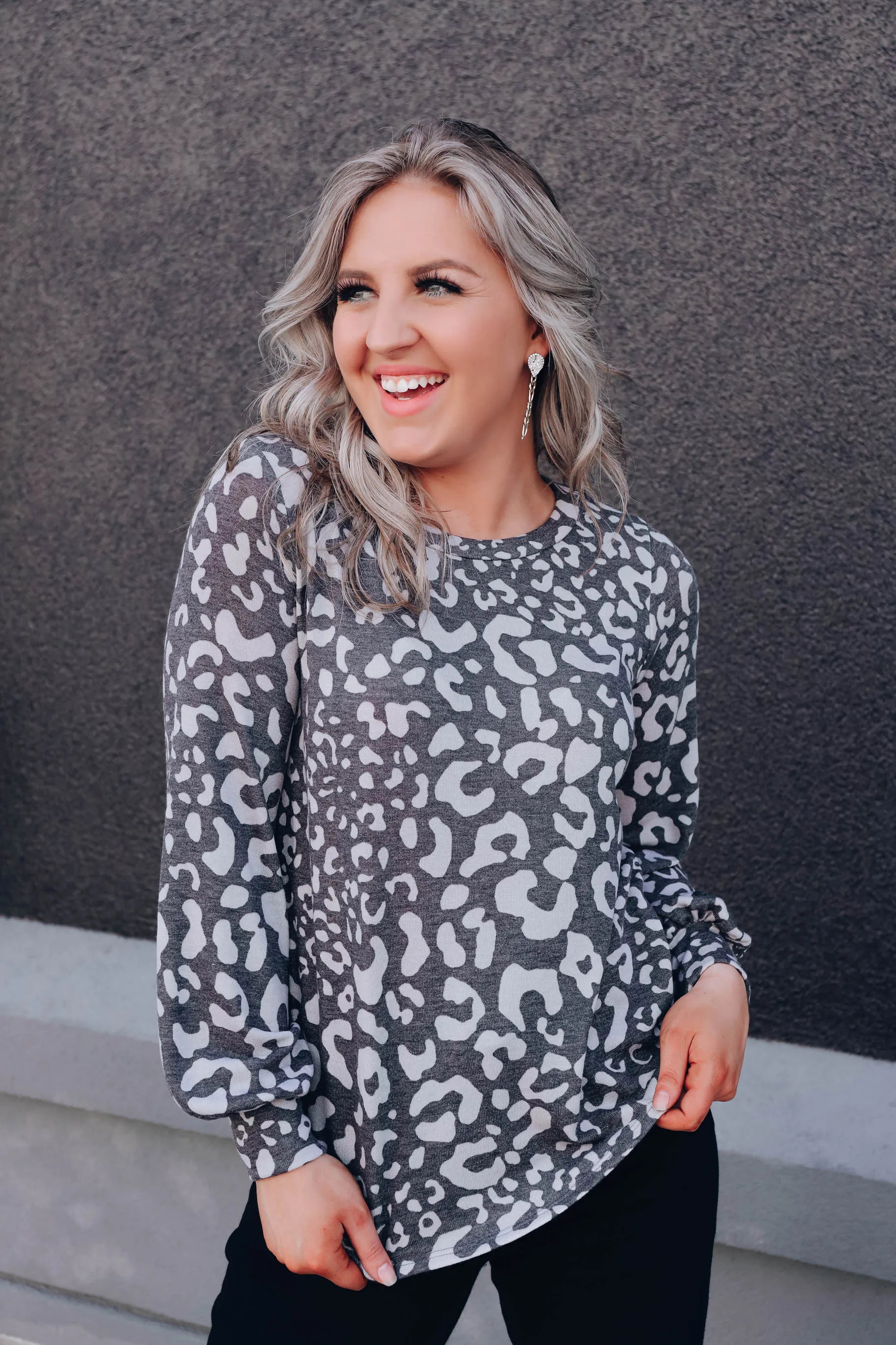 Emmy Balloon Sleeve Leopard Top - Charcoal