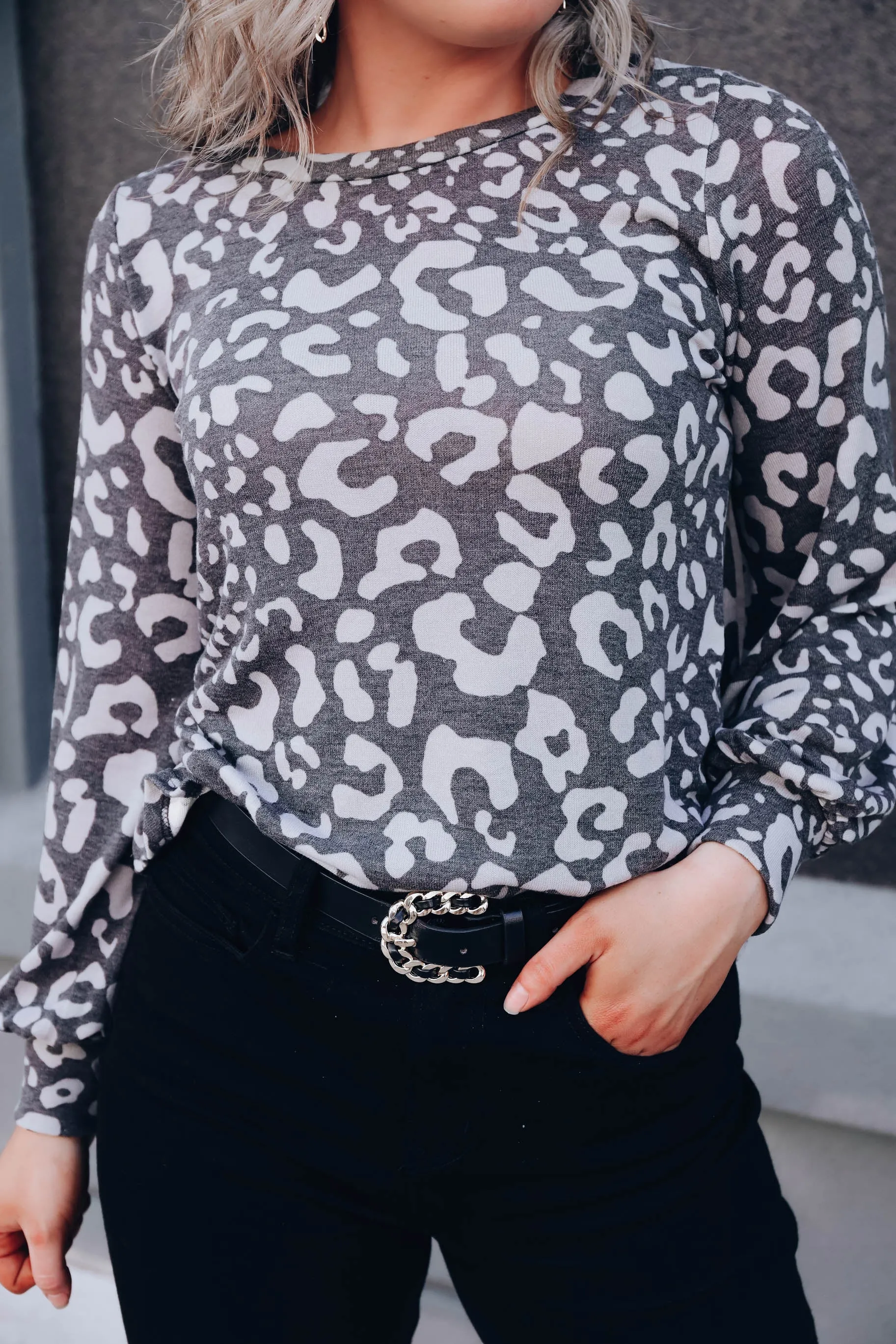 Emmy Balloon Sleeve Leopard Top - Charcoal