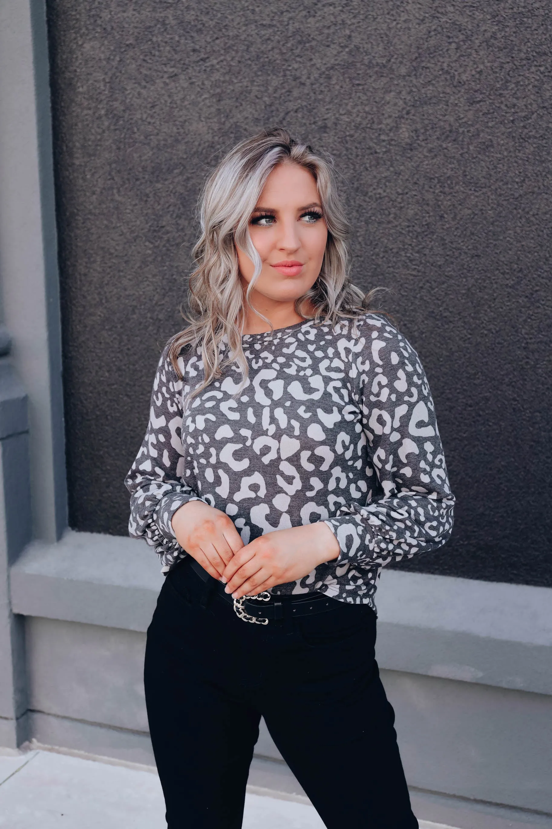 Emmy Balloon Sleeve Leopard Top - Charcoal