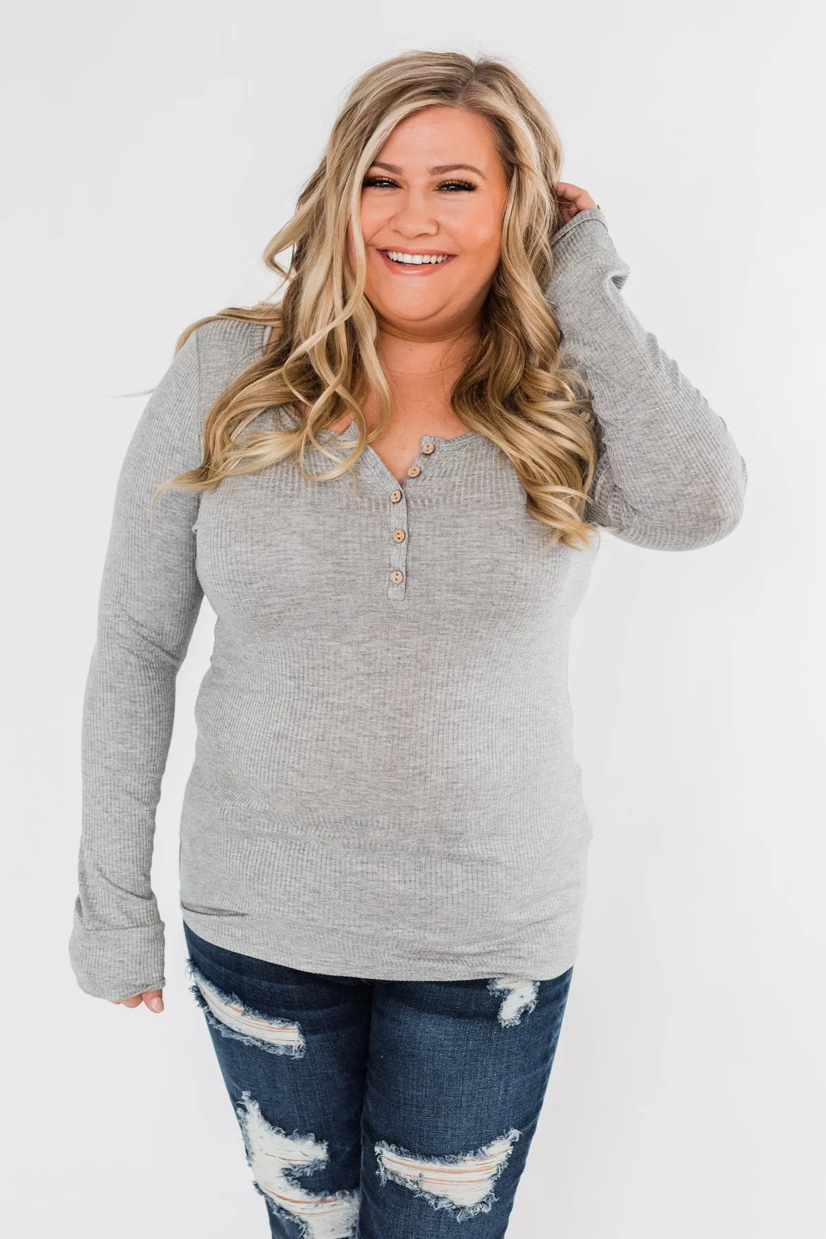 Essential 5-Button Henley Top- Heather Grey