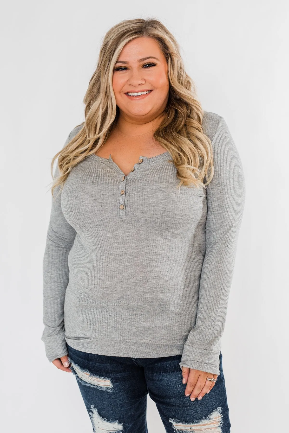 Essential 5-Button Henley Top- Heather Grey