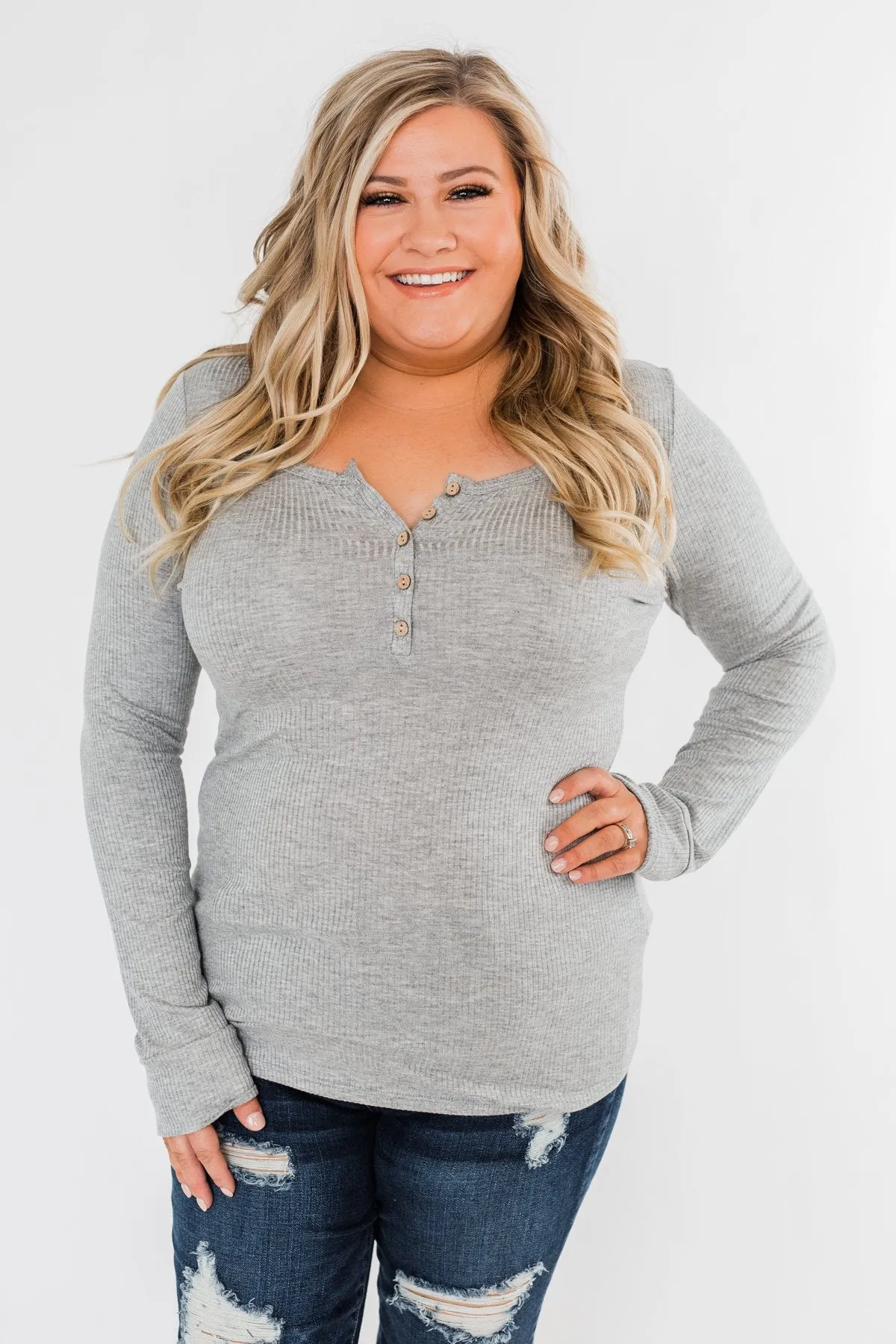 Essential 5-Button Henley Top- Heather Grey