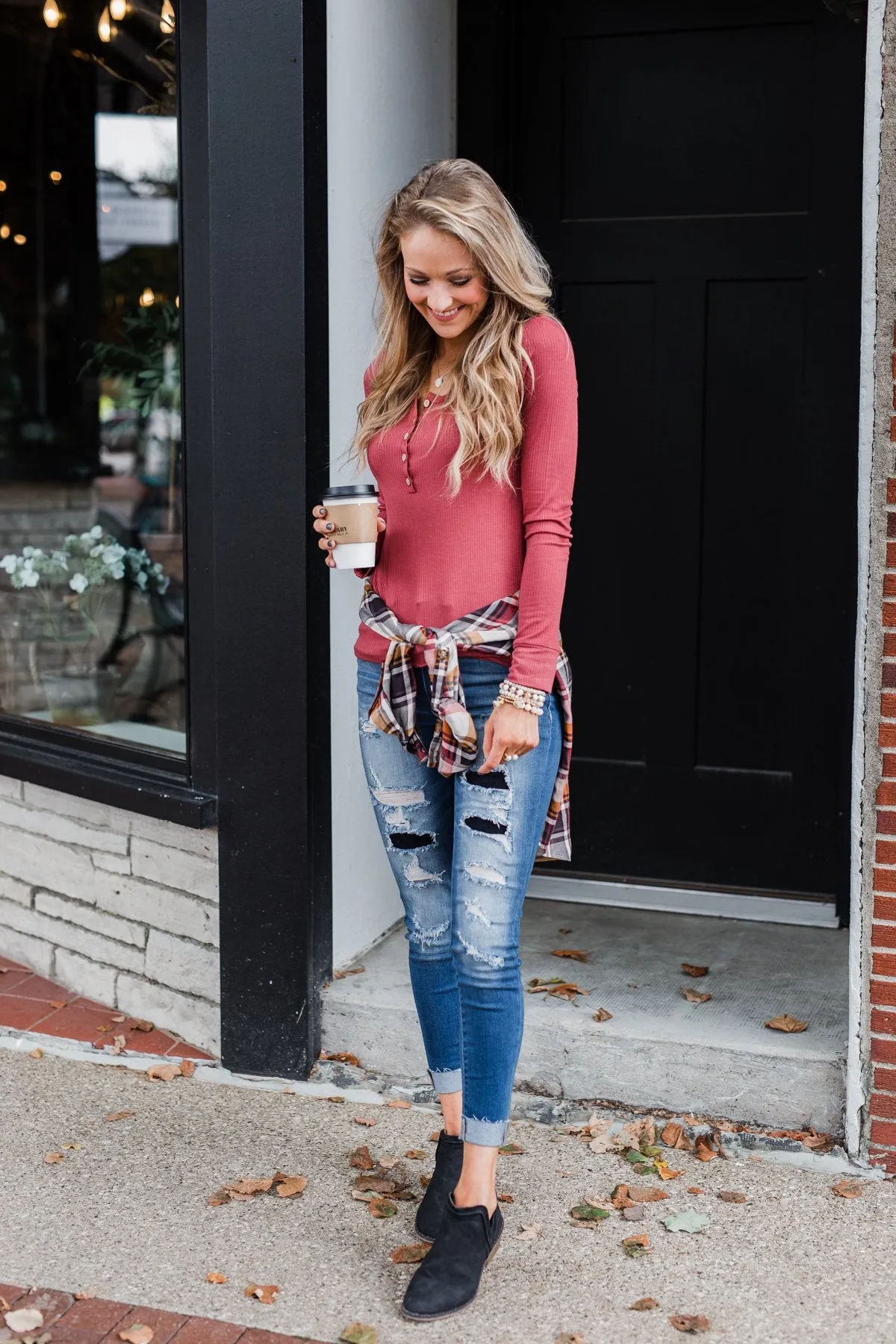 Essential 5-Button Henley Top- Pale Brick