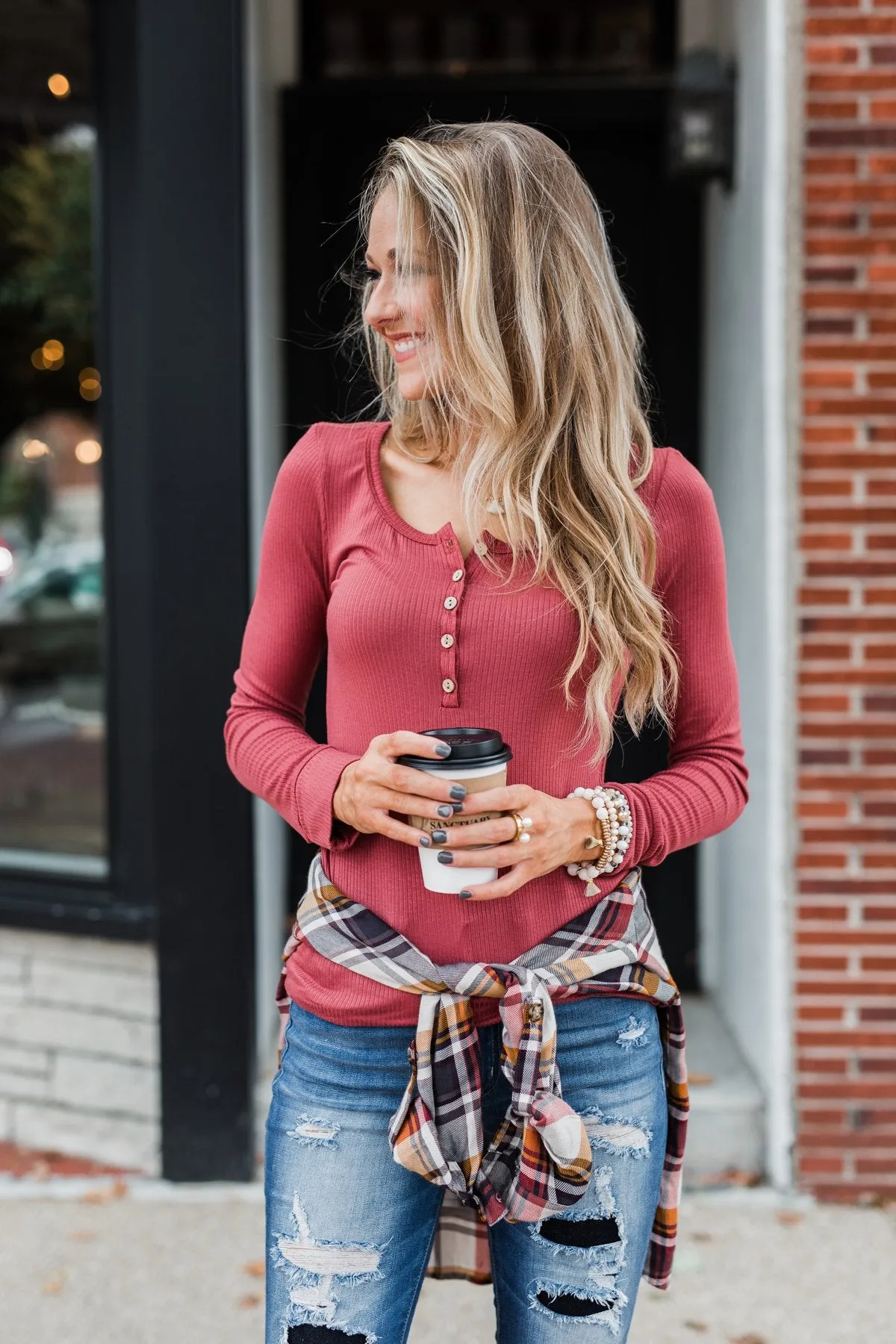 Essential 5-Button Henley Top- Pale Brick