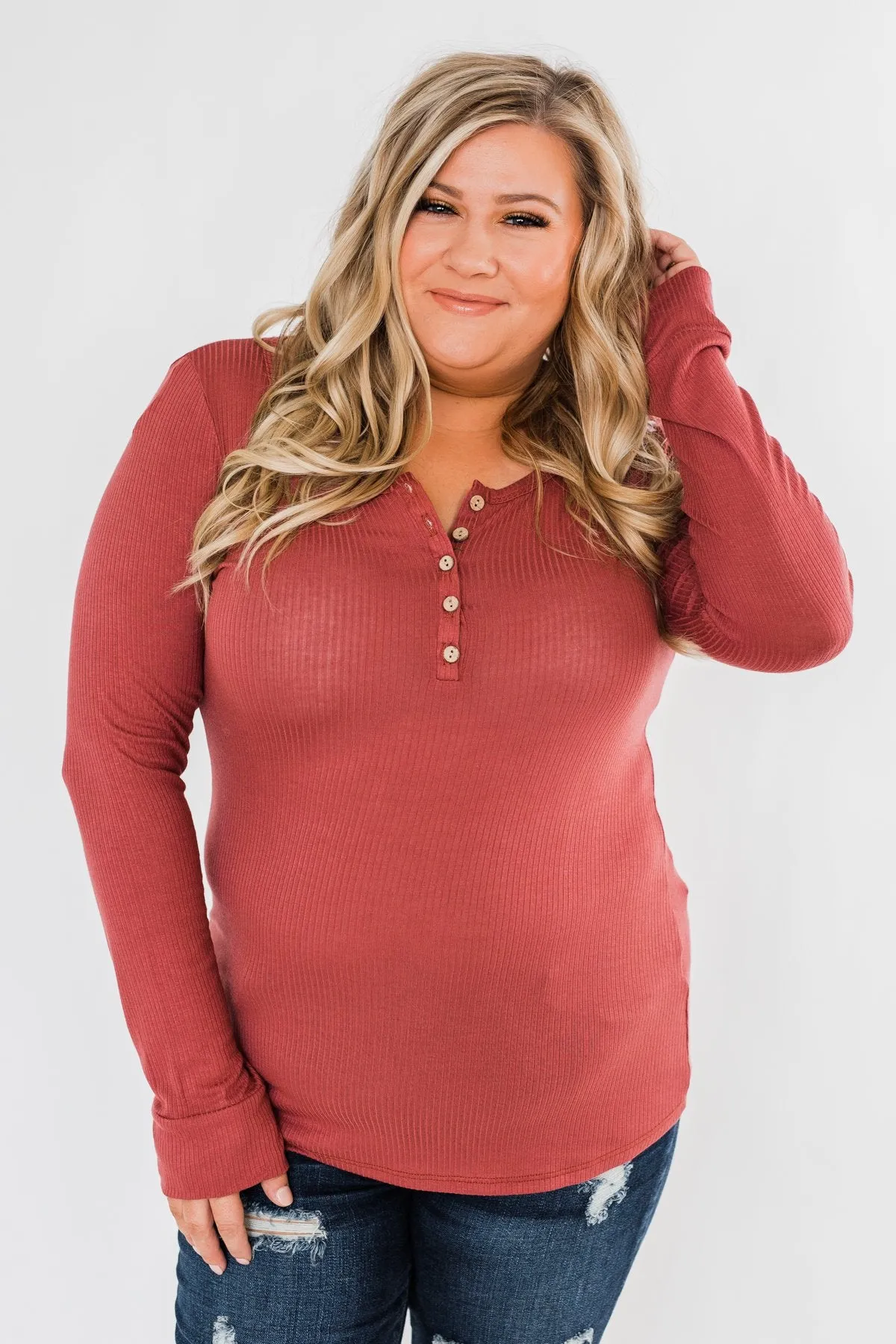 Essential 5-Button Henley Top- Pale Brick