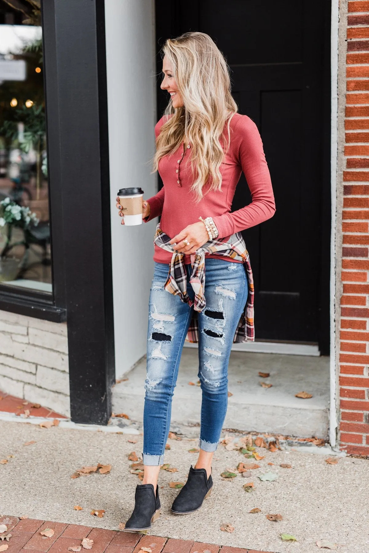 Essential 5-Button Henley Top- Pale Brick