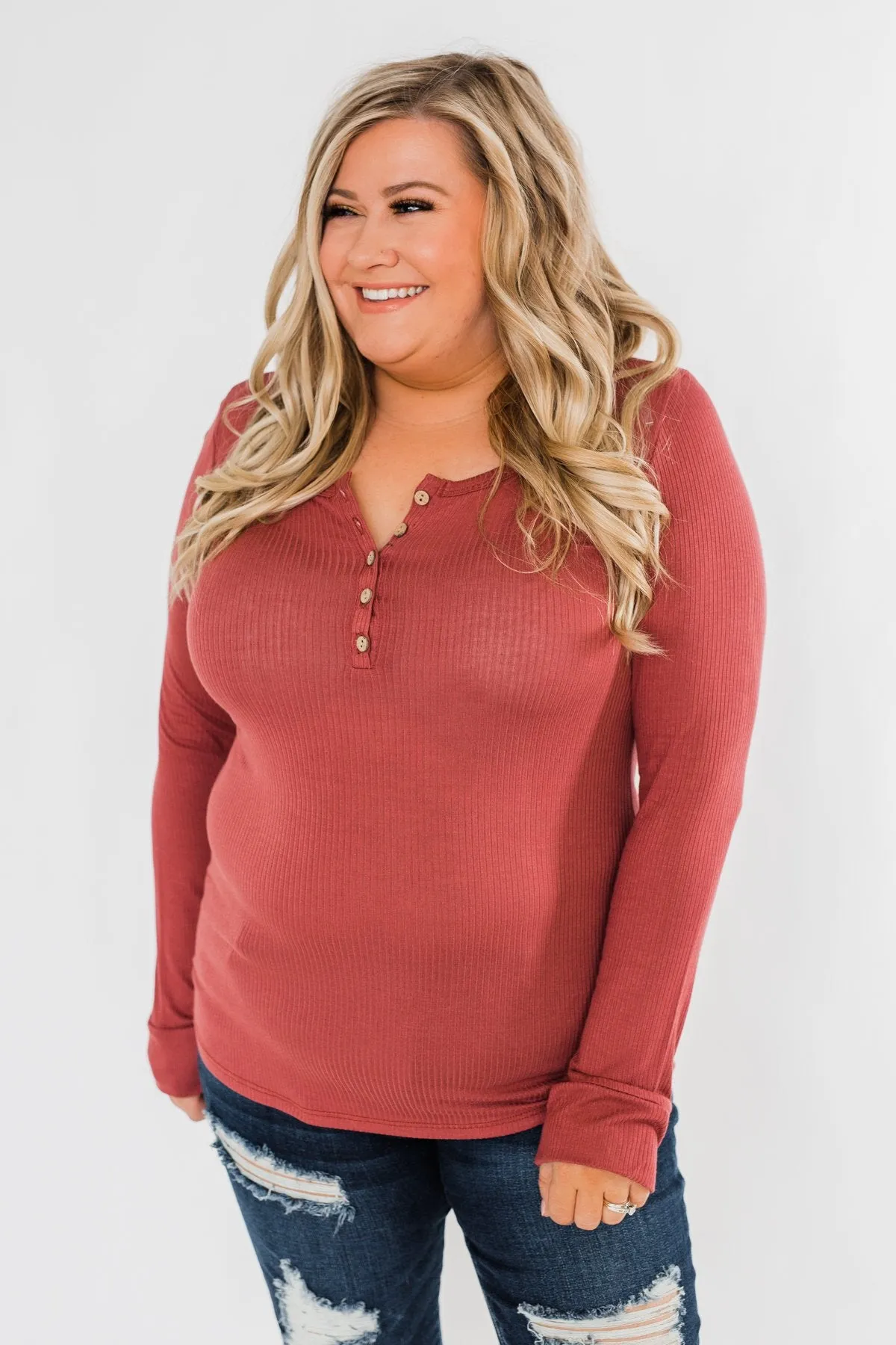 Essential 5-Button Henley Top- Pale Brick