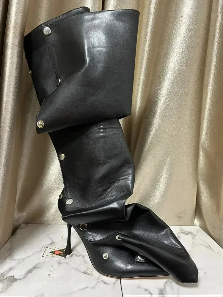European and American Slim High Heels, Knee High Boots, Pointed Pleated Metal Buttons, Women's Fashion Show, Winter Boots