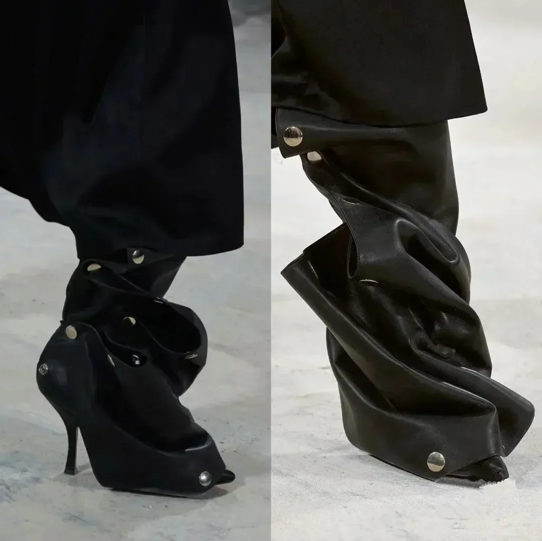 European and American Slim High Heels, Knee High Boots, Pointed Pleated Metal Buttons, Women's Fashion Show, Winter Boots