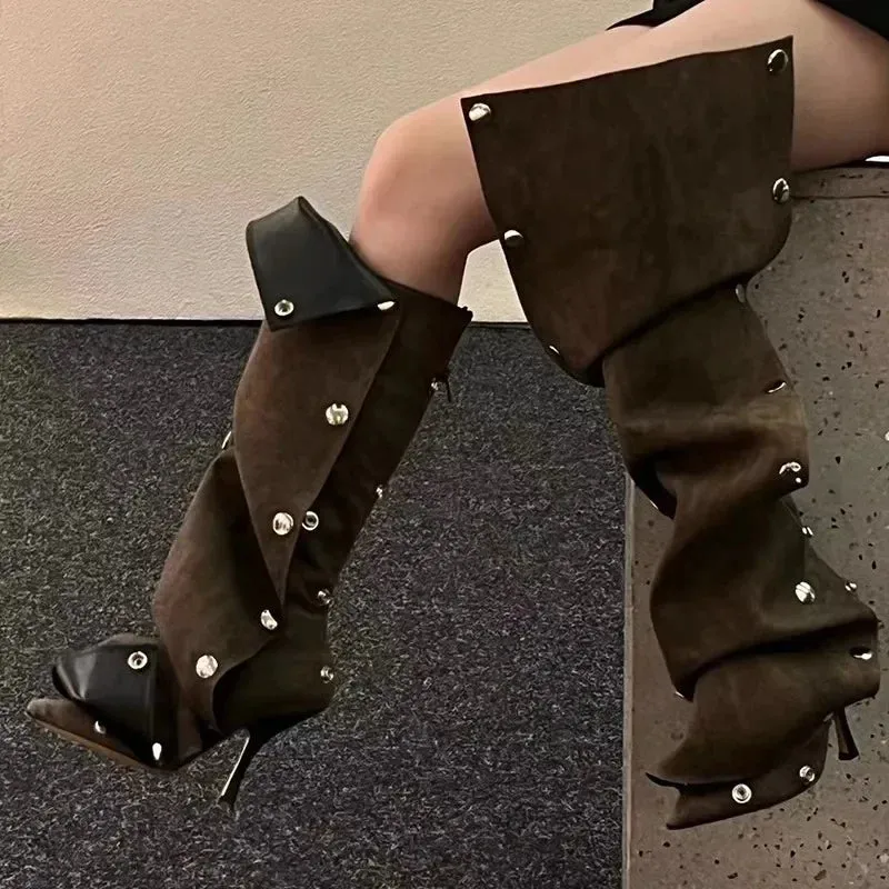 European and American Slim High Heels, Knee High Boots, Pointed Pleated Metal Buttons, Women's Fashion Show, Winter Boots