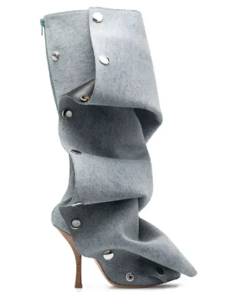 European and American Slim High Heels, Knee High Boots, Pointed Pleated Metal Buttons, Women's Fashion Show, Winter Boots