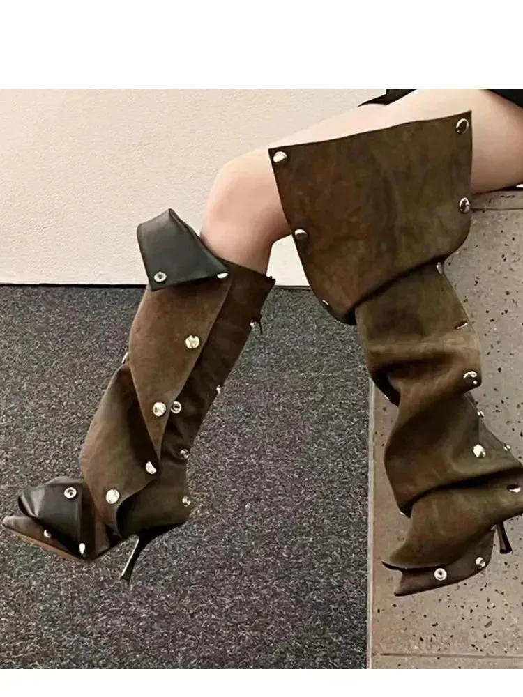European and American Slim High Heels, Knee High Boots, Pointed Pleated Metal Buttons, Women's Fashion Show, Winter Boots