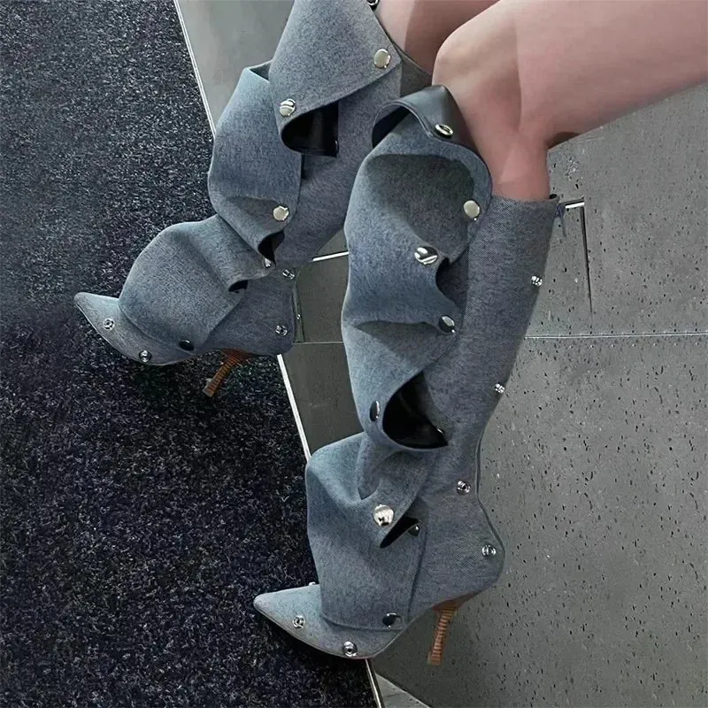 European and American Slim High Heels, Knee High Boots, Pointed Pleated Metal Buttons, Women's Fashion Show, Winter Boots