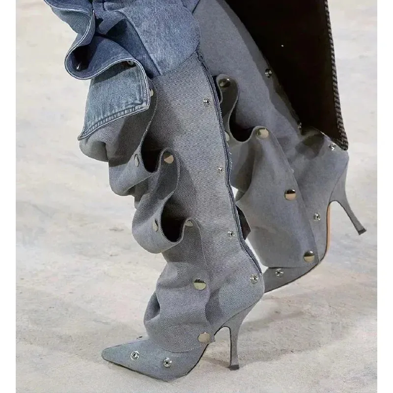 European and American Slim High Heels, Knee High Boots, Pointed Pleated Metal Buttons, Women's Fashion Show, Winter Boots