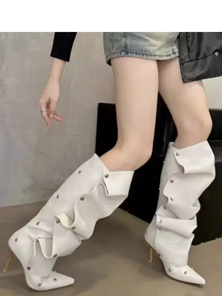 European and American Slim High Heels, Knee High Boots, Pointed Pleated Metal Buttons, Women's Fashion Show, Winter Boots