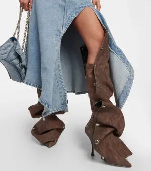 European and American Slim High Heels, Knee High Boots, Pointed Pleated Metal Buttons, Women's Fashion Show, Winter Boots