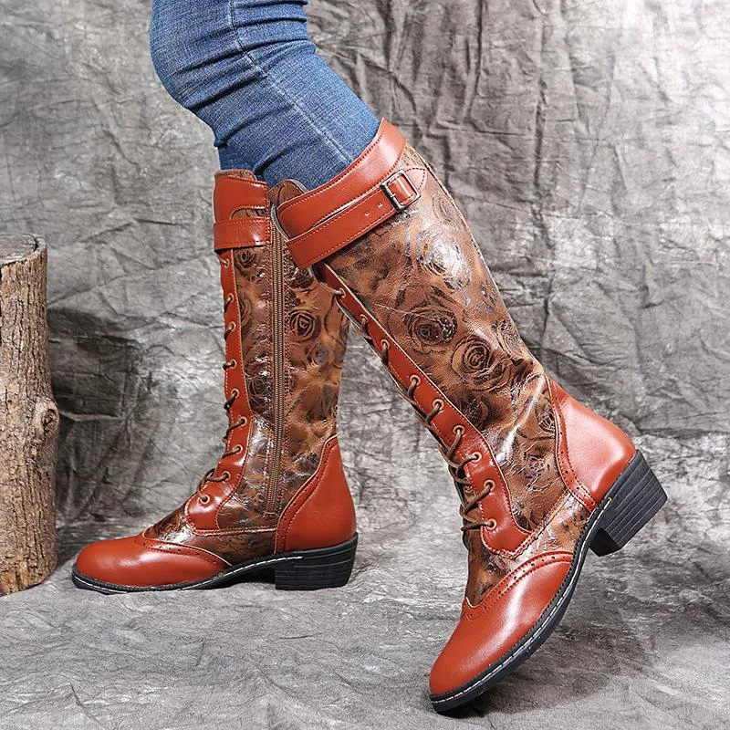 Fashion Exquisite Floral Printed Lace Up Boots For Women