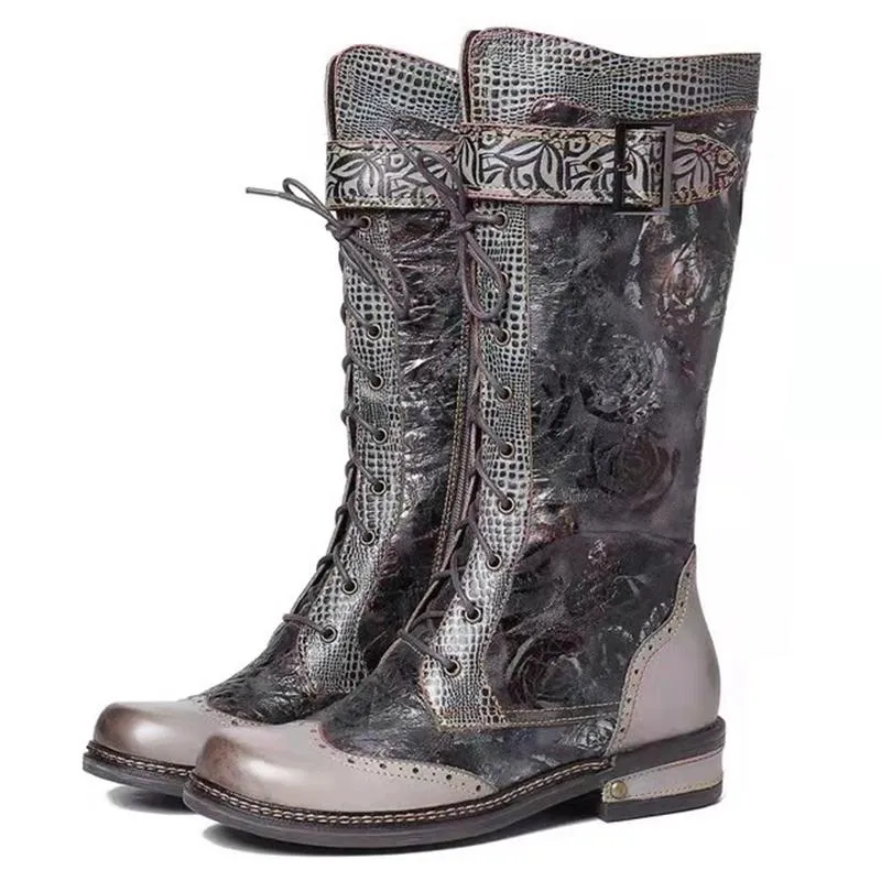 Fashion Exquisite Floral Printed Lace Up Boots For Women