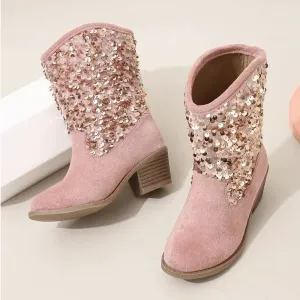 Fashion Kids Girls Chelsea Boots Sequin Thick Heels
