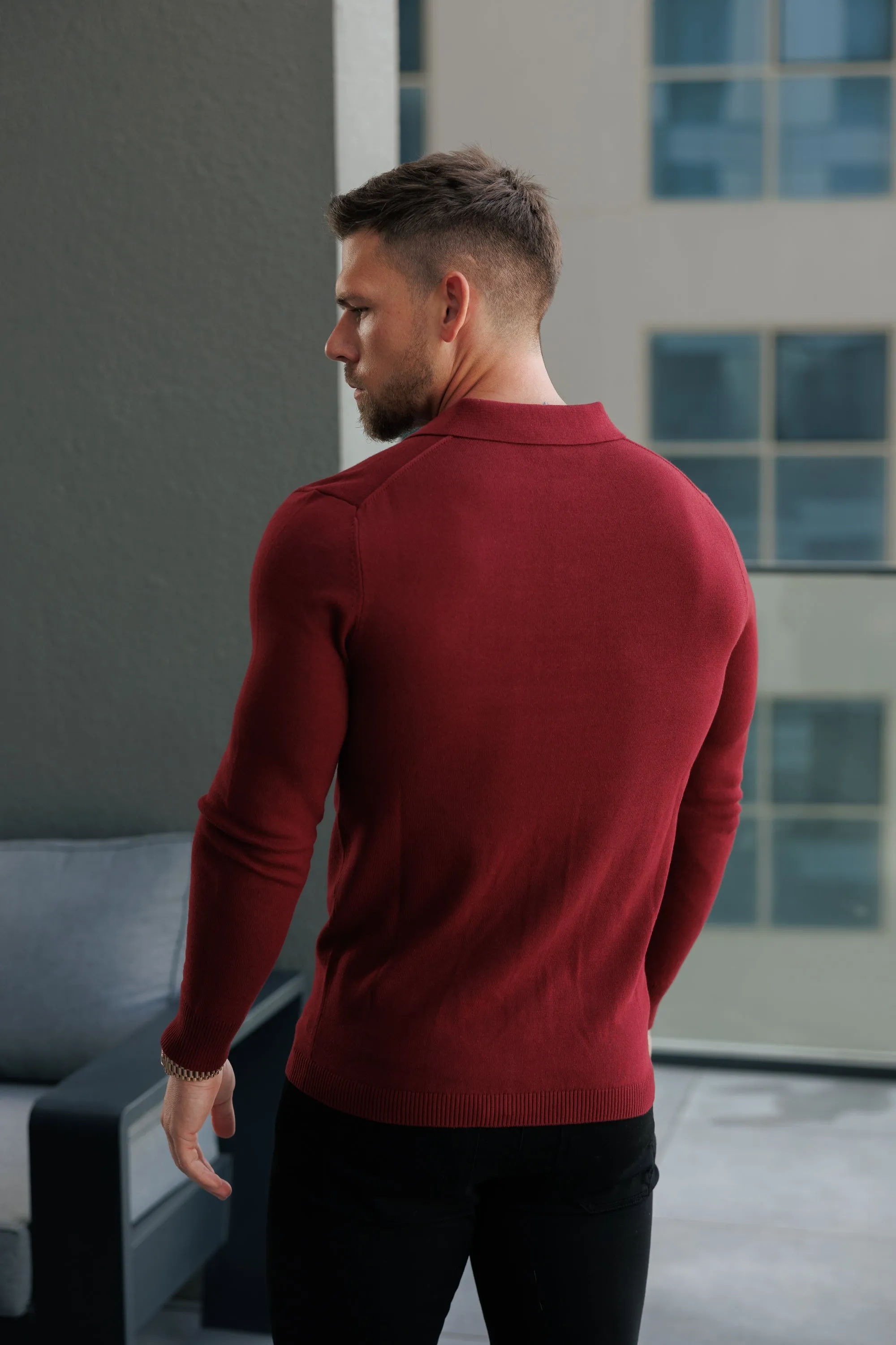 Father Sons Classic Plain Burgundy Knitted Button Through Polo Long Sleeve - FSN214