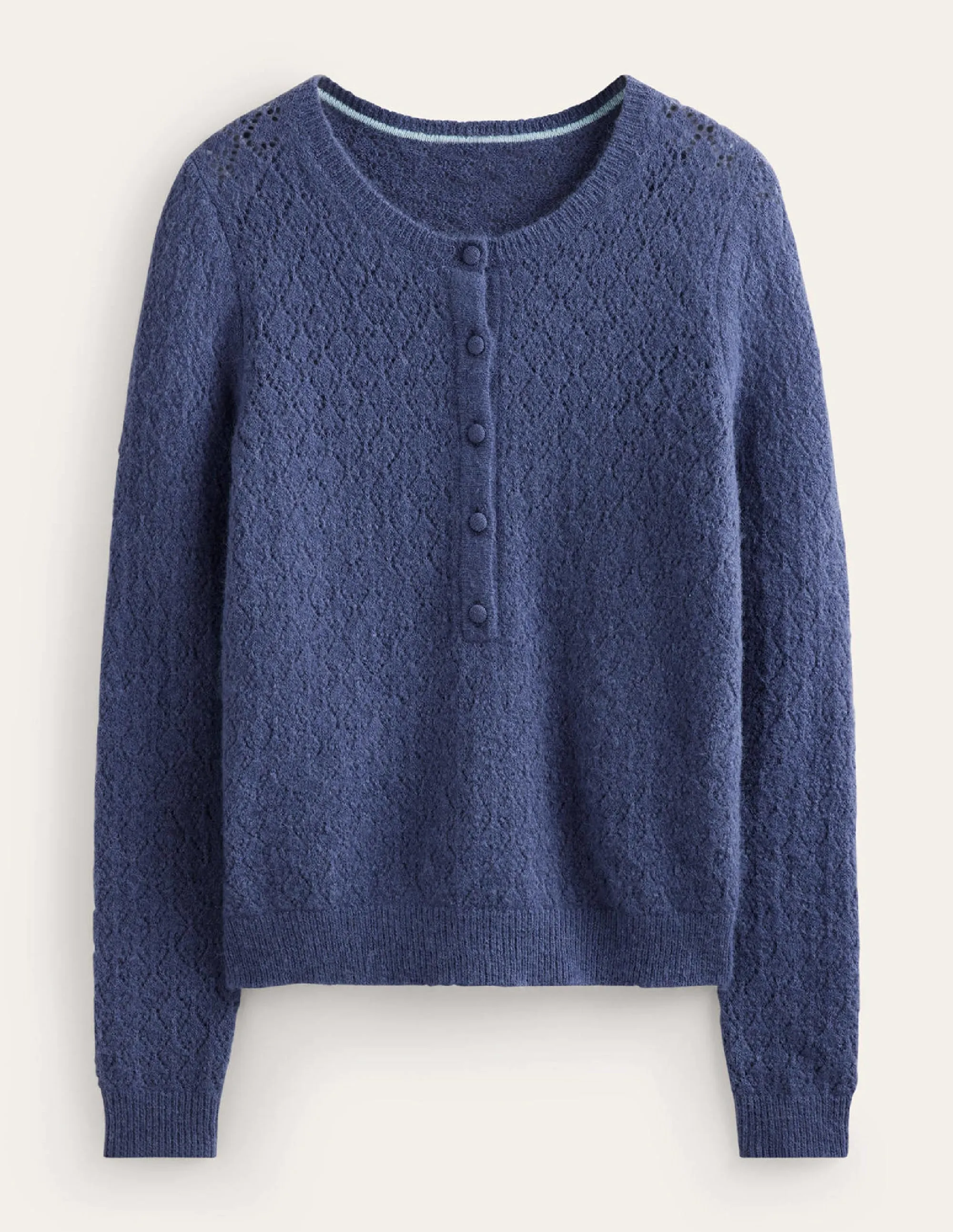 Flauschiger Henley-Pointelle-Pullover-Nachtschattenblau