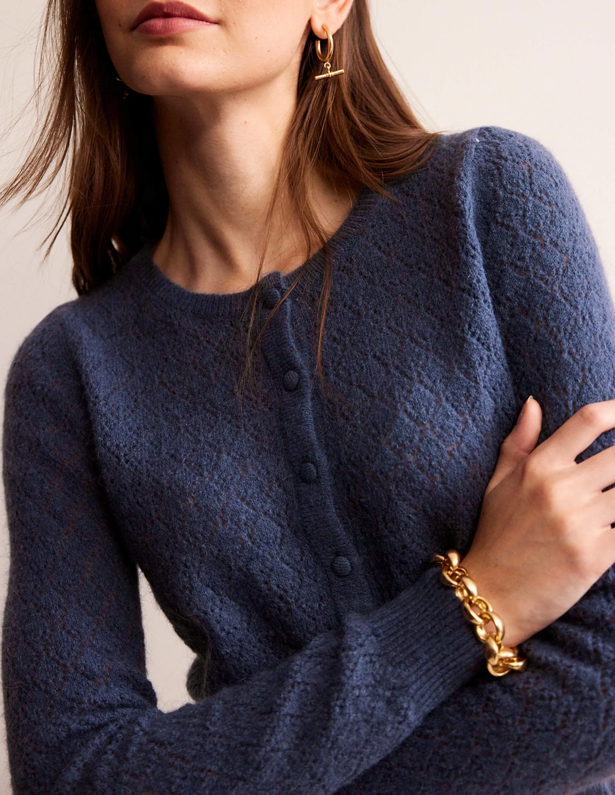Flauschiger Henley-Pointelle-Pullover-Nachtschattenblau